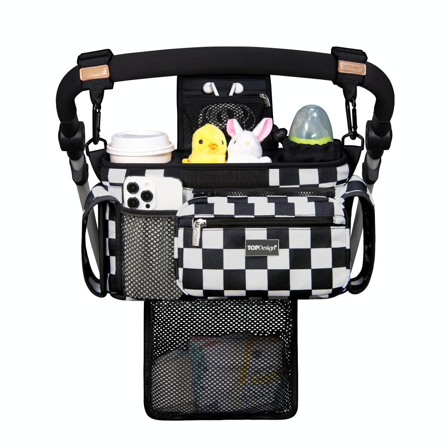 TOPDesign Universal Baby Stroller Organizer, Stroller Caddy with Detachable Mesh Bag & Heightened Insulated Cup Holders & Non-Slip Secure Hooks Accessories, Fits Most Strollers (Checkerboard)