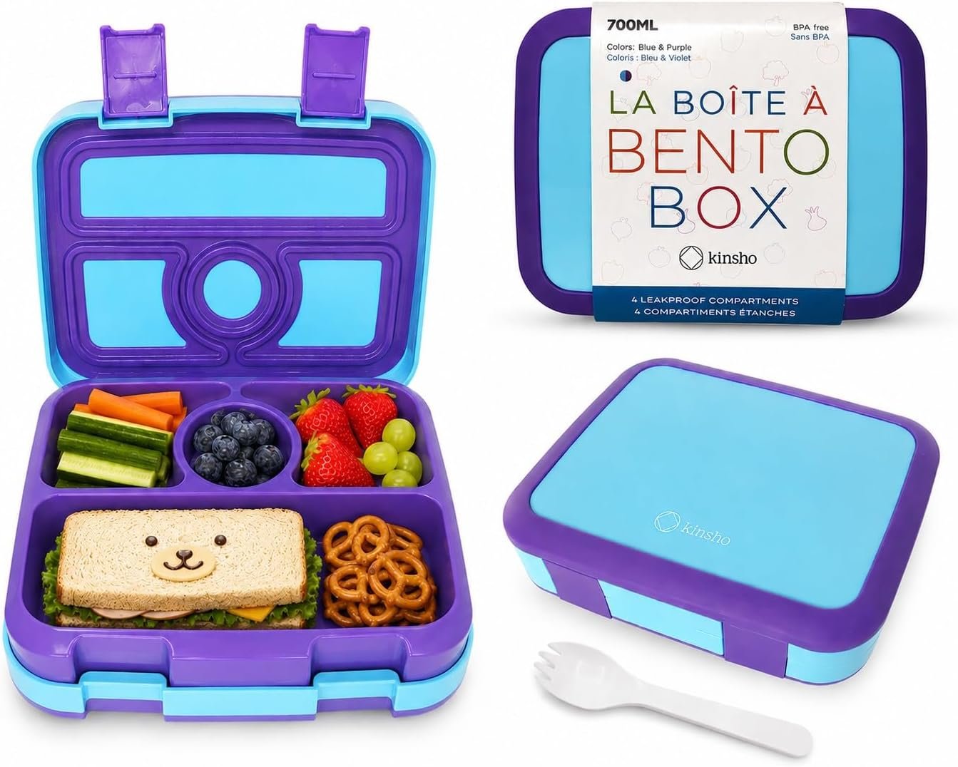 kinsho Bento Lunch Box for Kids Toddlers, 4 Portion Sections Secure Lid, Microwave Safe BPA Free Removable Tray, Pre-School Kid Daycare Lunches Snack Container Ages 3 to 5 Blue Purple