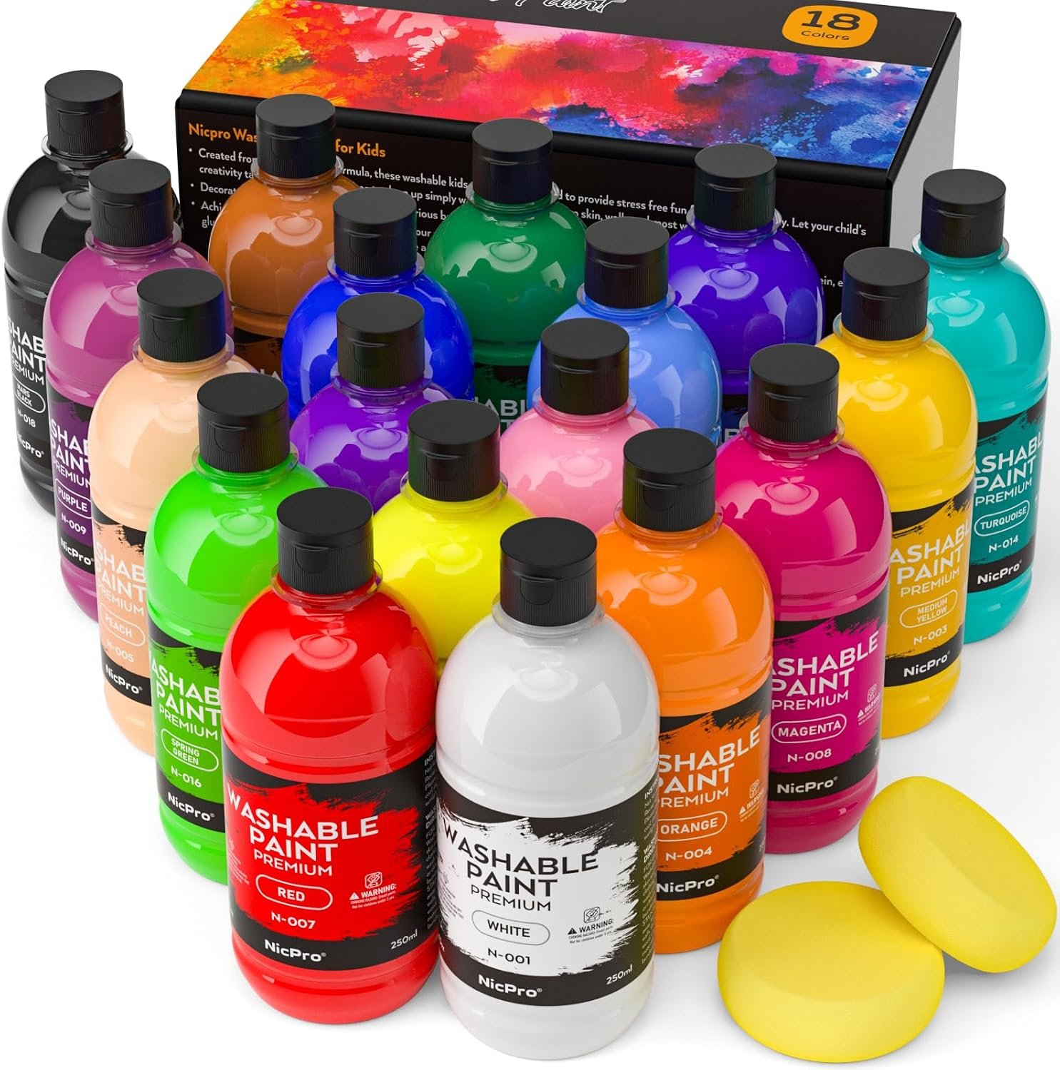 Nicpro 18 Colors Large Washable Paint Set for Kid (8.45oz), Tempera Paints