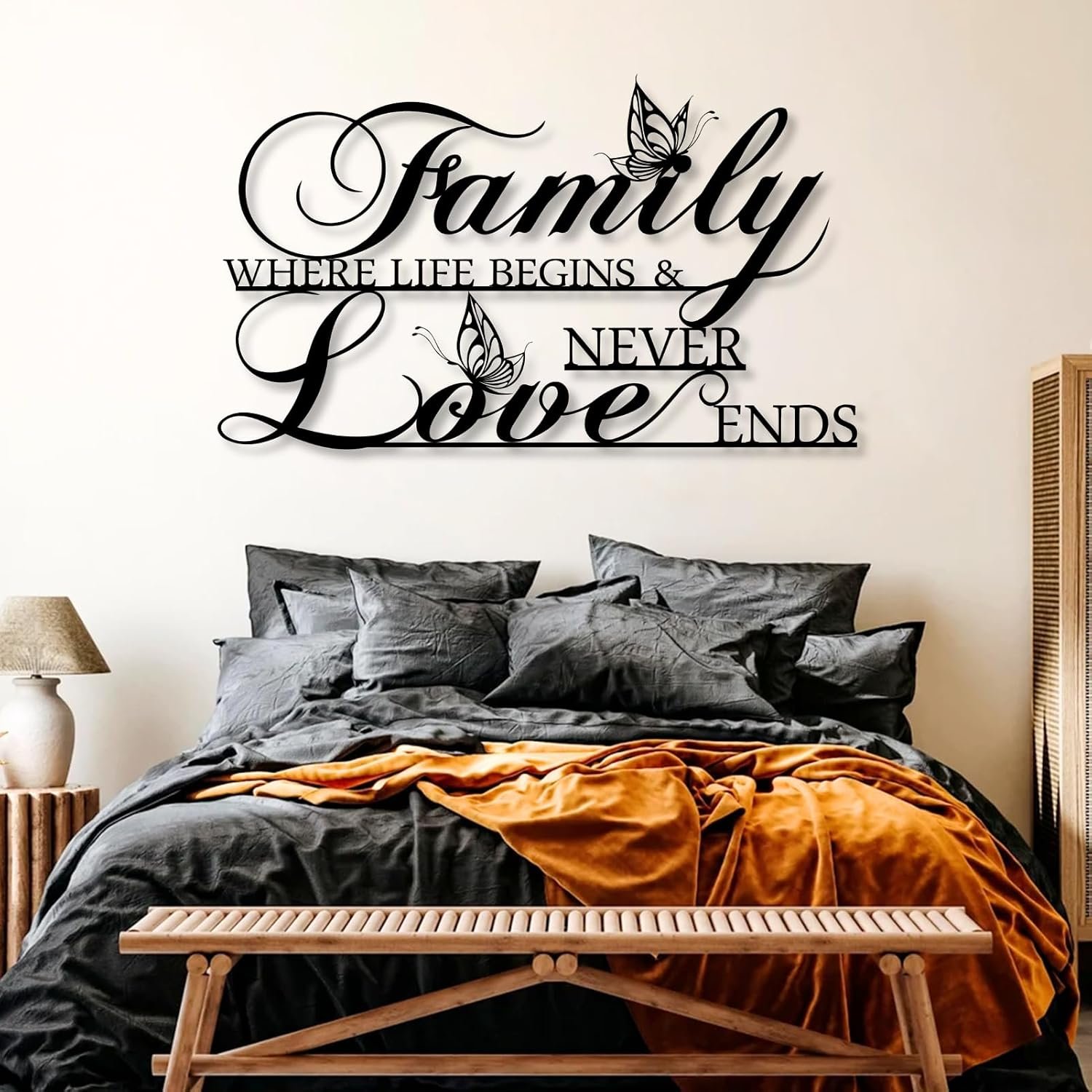 Metal Family Wall Art, Large Metal Family Sign, Word Wall Art, Where Life Begins & Love Never Ends Motivational Quote Sign, Living Room, Bedroom Decor, Housewarming Gift (Black, 29″x 17″| 76x44cm)