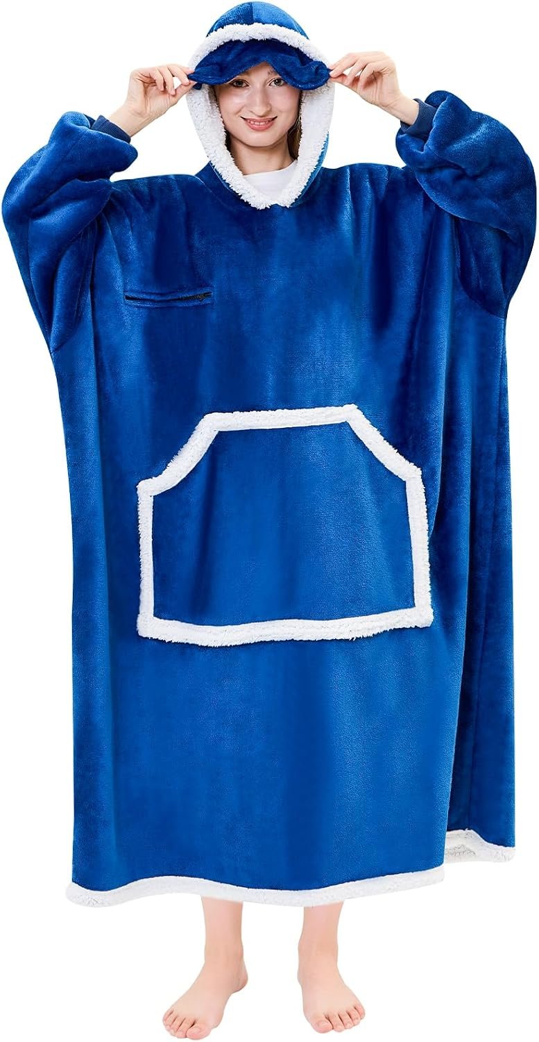 IFNOW Oversized Wearable Blanket Hoodie for Adult with Eye Mask, NavyBlue