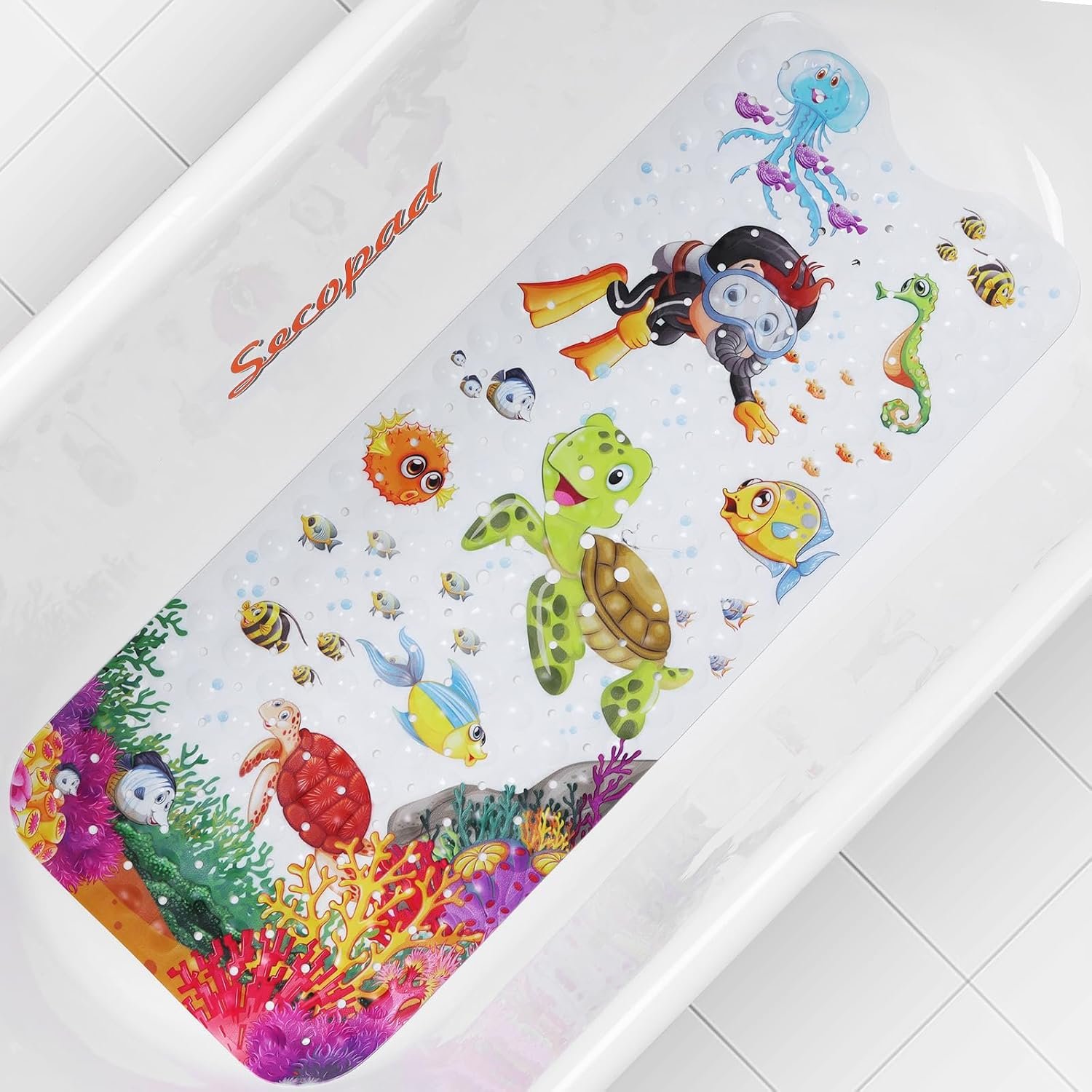 Secopad Bathtub Mat Non Slip, Cartoon Bath Tub Mat, 40″ x 16″, Turtle