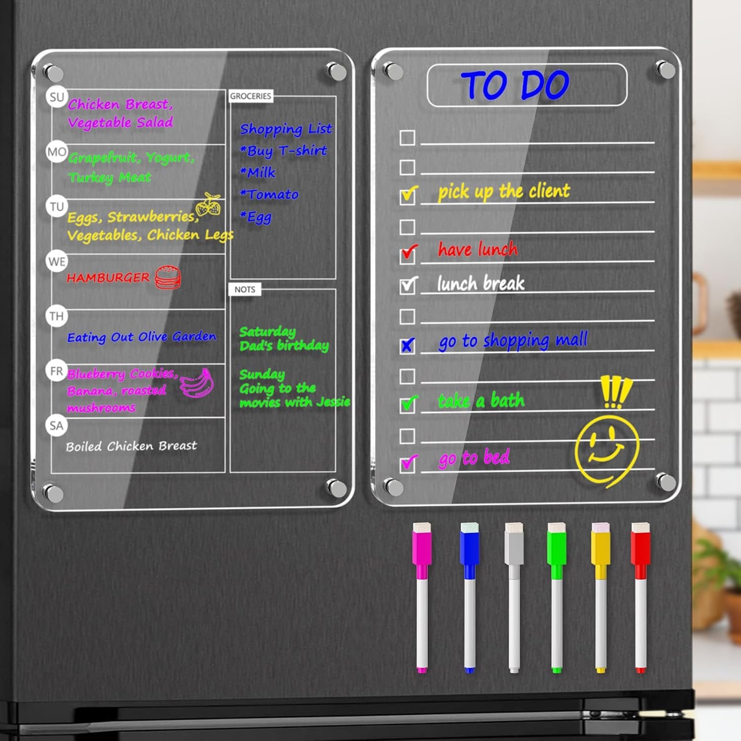 Magnetic Acrylic Weekly Planner and to Do List Set for Fridge – 8″×12″ Clear Dry Erase Boards with 6 Markers, Reusable Fridge Whiteboard for Meal Planning, Chores, Office & Family Tasks