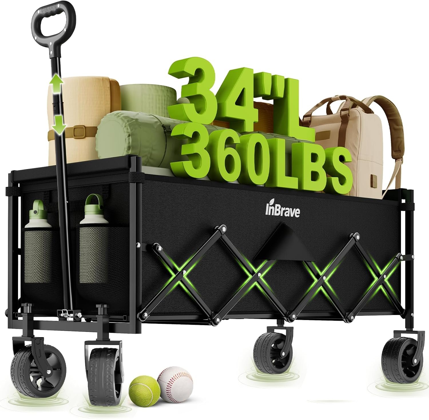 34″ Extra Long Collapsible Wagon Cart, 360LBS Capacity, Black