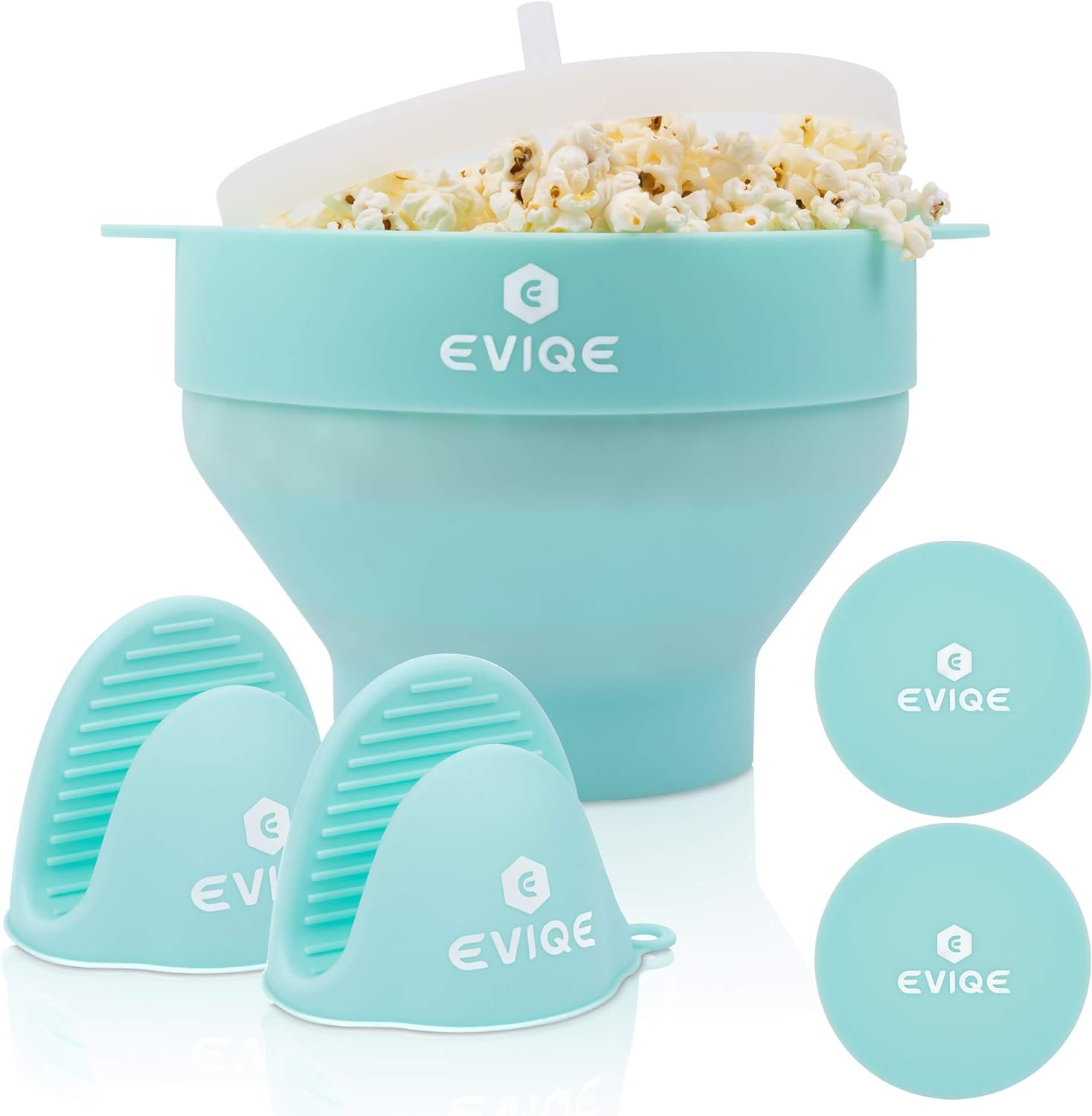 Microwave Popcorn Popper, Silicone Popcorn Popper, Collapsible Popcorn Bowl, Healthy Popcorn Maker, BPA Free, Bonus: 2 Free Mitts + 2 Free Glow in the Dark Coasters, aqua green, PR-0002, 5.7”