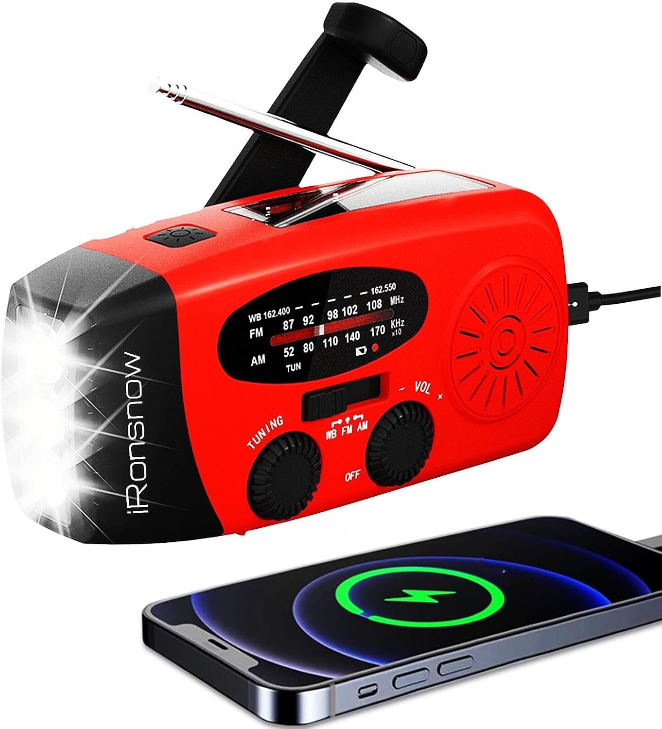 iRonsnow Solar Emergency Hand Crank Weather Radio, 2000mAh NOAA AM/FM