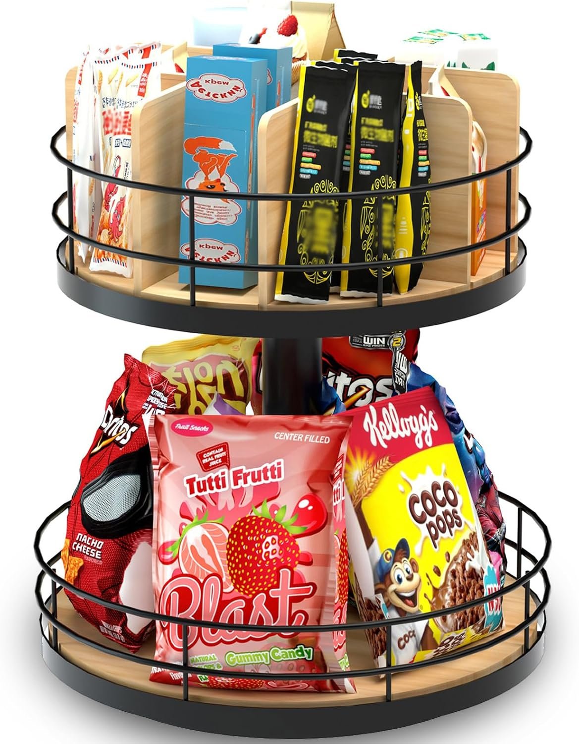 Snack Organizer – Versatile Snack Storage 2 Tier Lazy Susan with Convenient Grab-and-Go Design, Wood and Metal Snack Holder for Home, Office, Breakroom, 12.13″ L x 12.13″ W x 12.56″ H