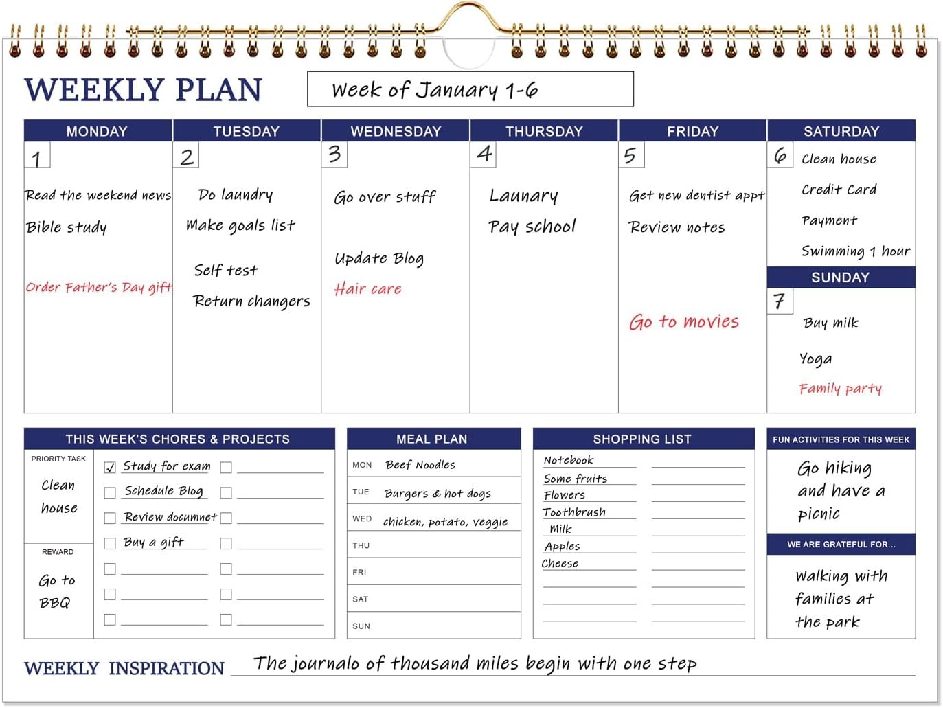 Large Weekly Planner – 17″ x 12″ Spiral Weekly Calendar, 52 Weekly Goals Schedule Planner for Planning and Organizing Family Activities, Meal Tracker, Undated