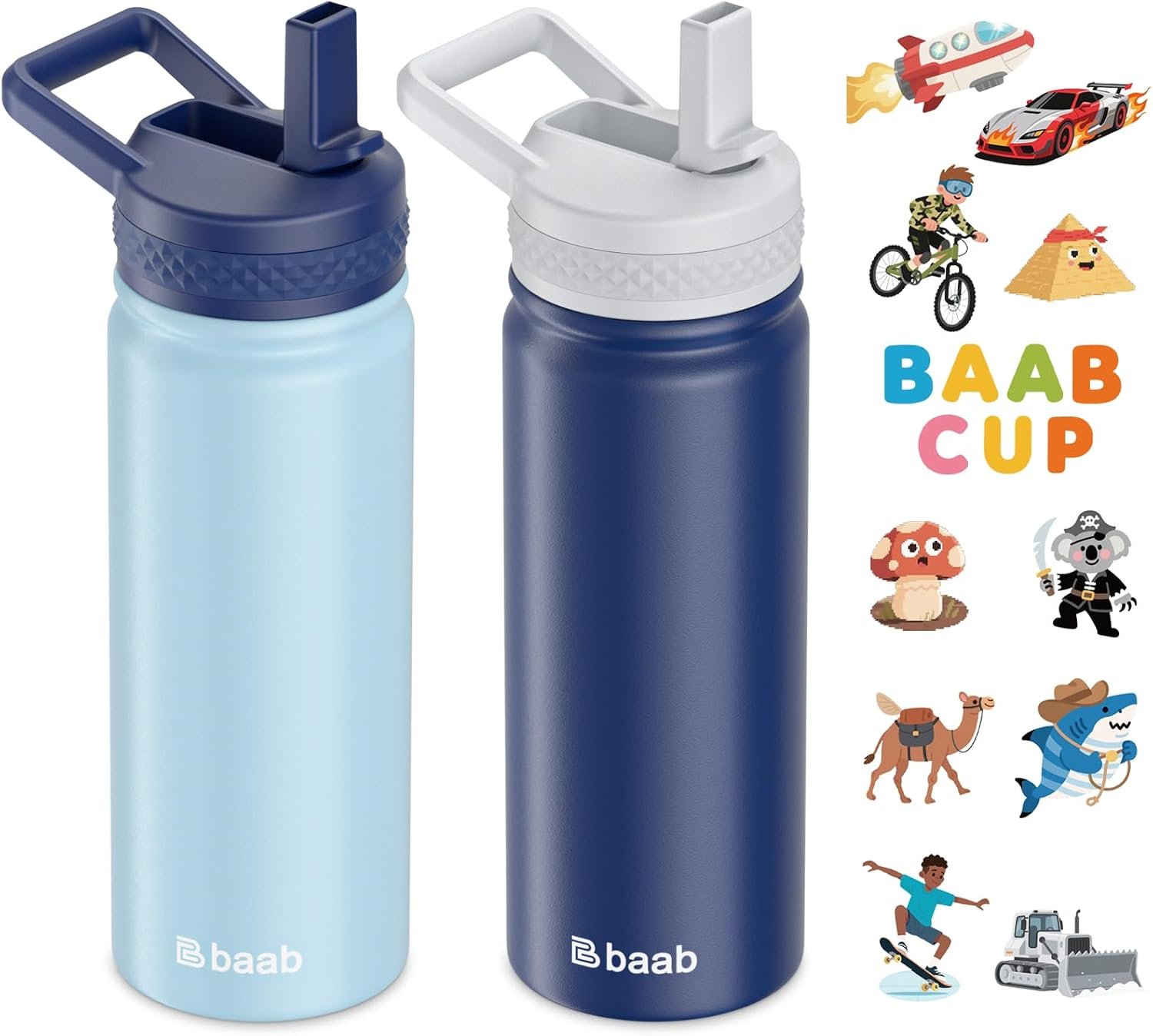 baab 18oz Kids Insulated Water Bottle 18/8 Stainless Steel Straw Cup 2 Pack