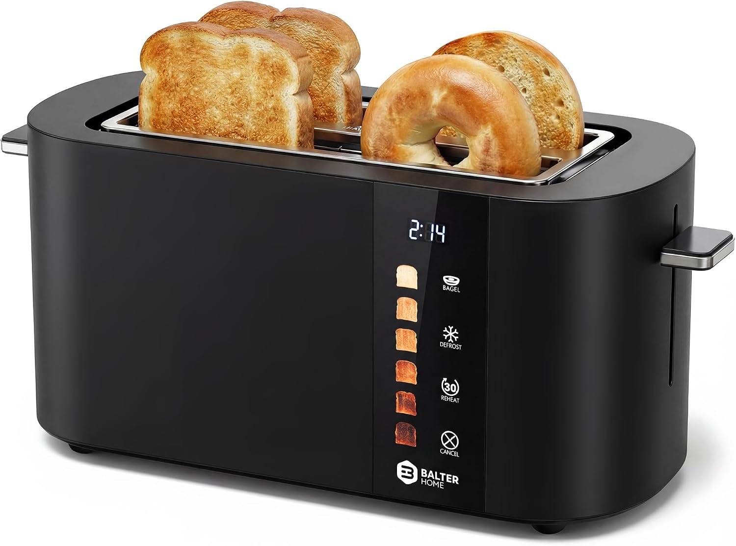 Balter Toaster 4 Slice Wide Slot, Bagel Function, Long Slot, Stainless Steel, Touch Screen, Built-in Rack, Extra-Wide 1.5″ Slots for Thick Breads & Bagel, Timer, BPA-Free, Removable Tray, Black