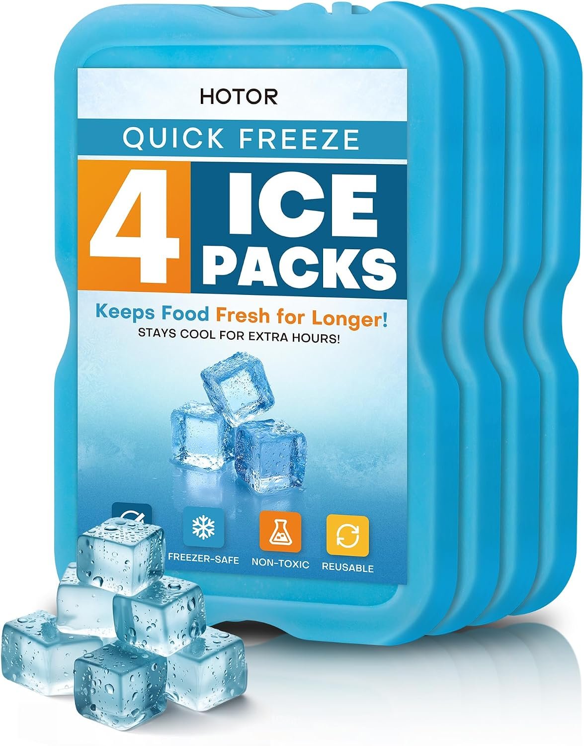 HOTOR Reusable Ice Packs for Cooler & Lunch Boxes – Slim, BPA-Free, Leakproof Gel Packs for Lunch Bag, Cooler Backpack & Travel Food Storage (4 Packs)