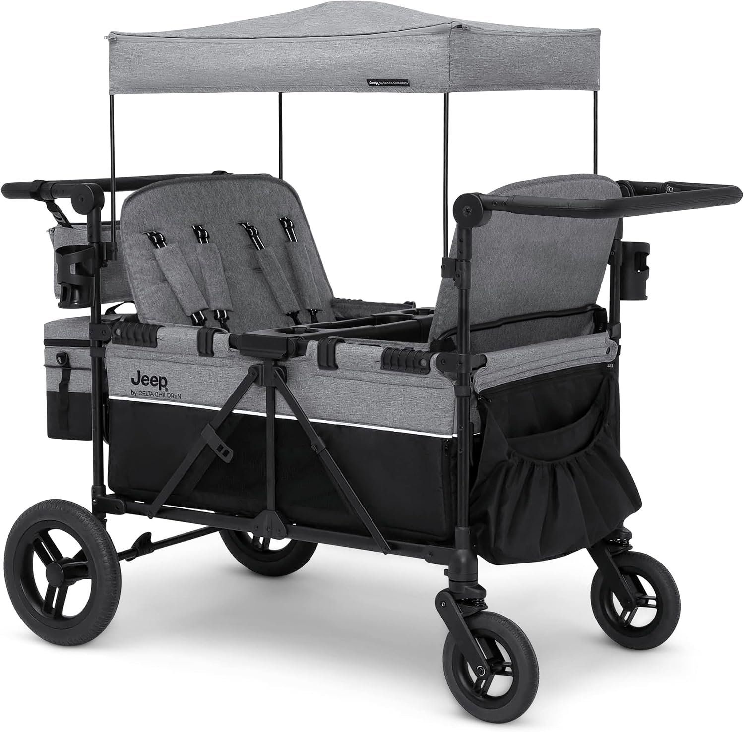 Jeep Wrangler Deluxe 4 Seater Stroller Wagon by Delta Children – Premium Quad Stroller Wagon for 4 Kids with Convertible Seats, Adjustable Push/Pull Handles, Removable Canopy & Flat Fold, Grey