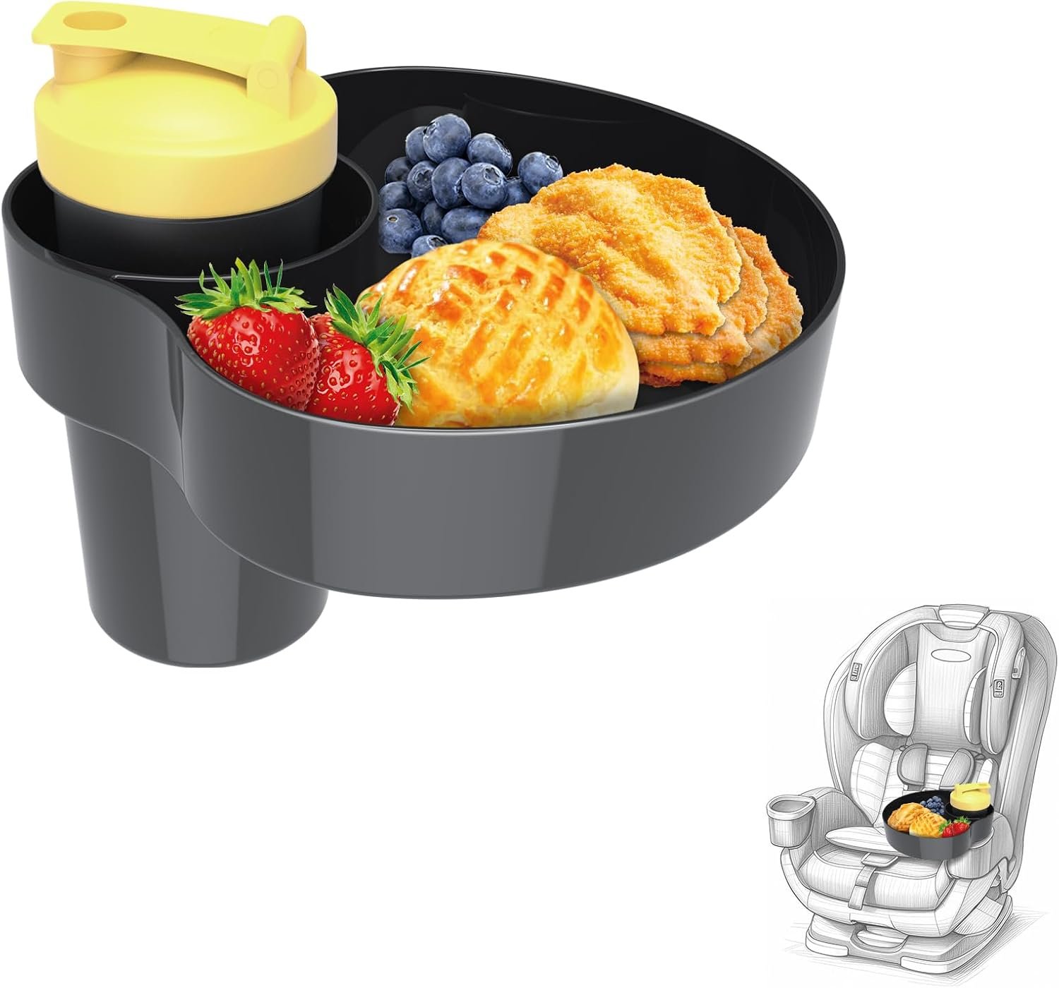 Car Seat Cup Holder for Kids – Kids Travel Tray with Snack Tray, CarSeats Snack Trays for Toddler, Car Cup Holder for Safety Seats, Fits Stroller & Booster (black)