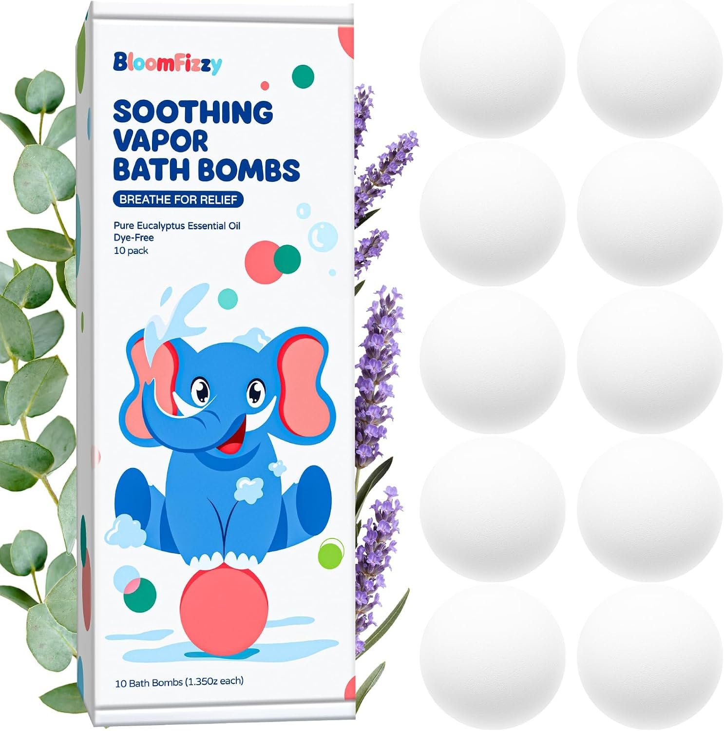 Soothing Vapor Bath Bombs for Kids, Dye-Free Eucalyptus & Lavender, 10 Pack