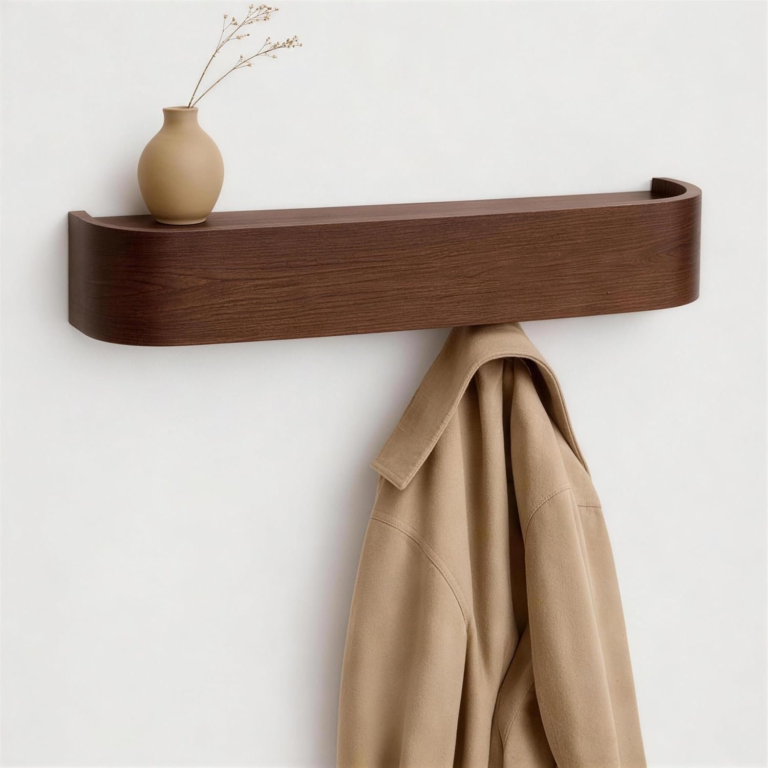 MTZ Solid Wood Wall Mounted Coat Rack with Shelf & 5 Hidden Hooks (Walnut)