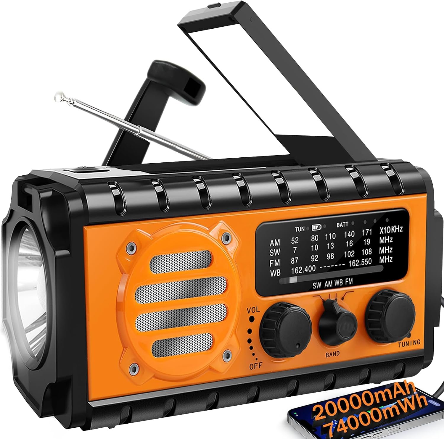 NOAA Weather Radio, 20000mAh Emergency Portable Radio, Hand Crank & Solar
