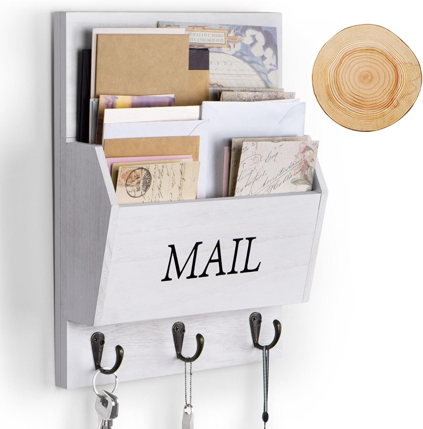 DLQuarts Solid Wood Mail Organizer with Key Holder for Wall, Mail Sorter Wall Mounted, Decorative Wooden Key and Mail Holder with 3 Hooks, Soft White