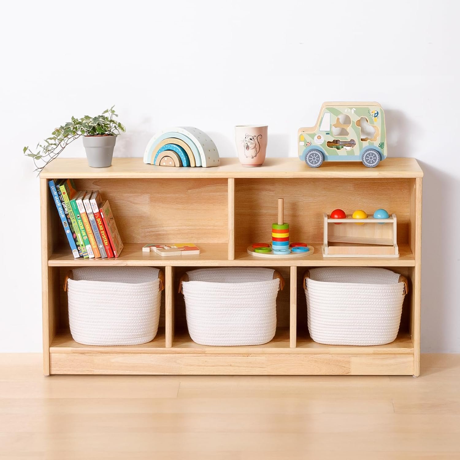 OOOK Rubber Wood 5-Compartment Montessori Shelf, 43.3″ L Toy Storage Shelf