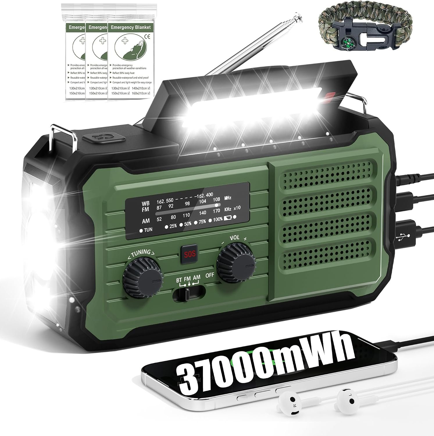 Emergency Radio Hand Crank Solar, 10000mAh/37000mWh Emergency Weather Radio