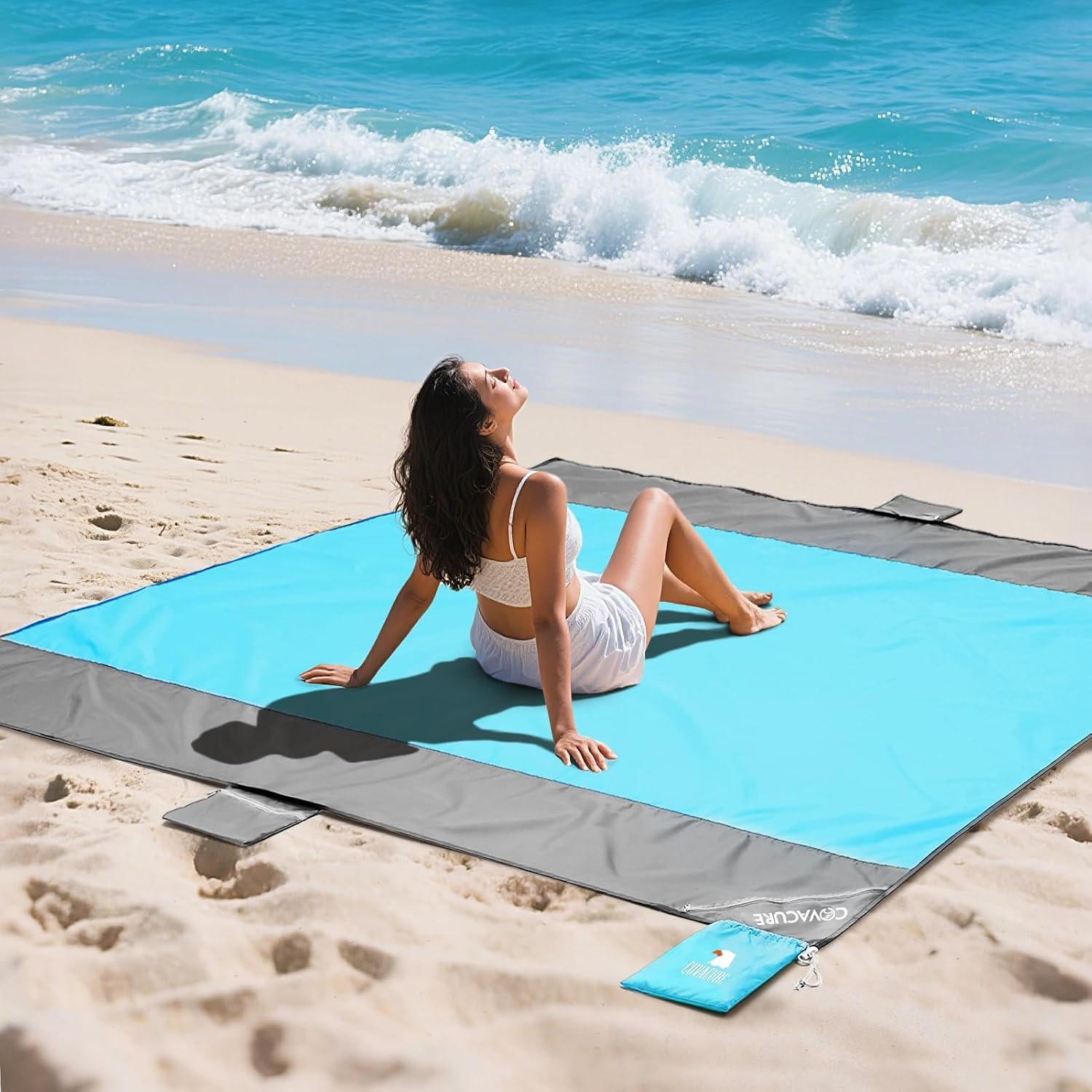covacure Oversized Beach Blanket Sandproof Waterproof for 7-8 People-Blue