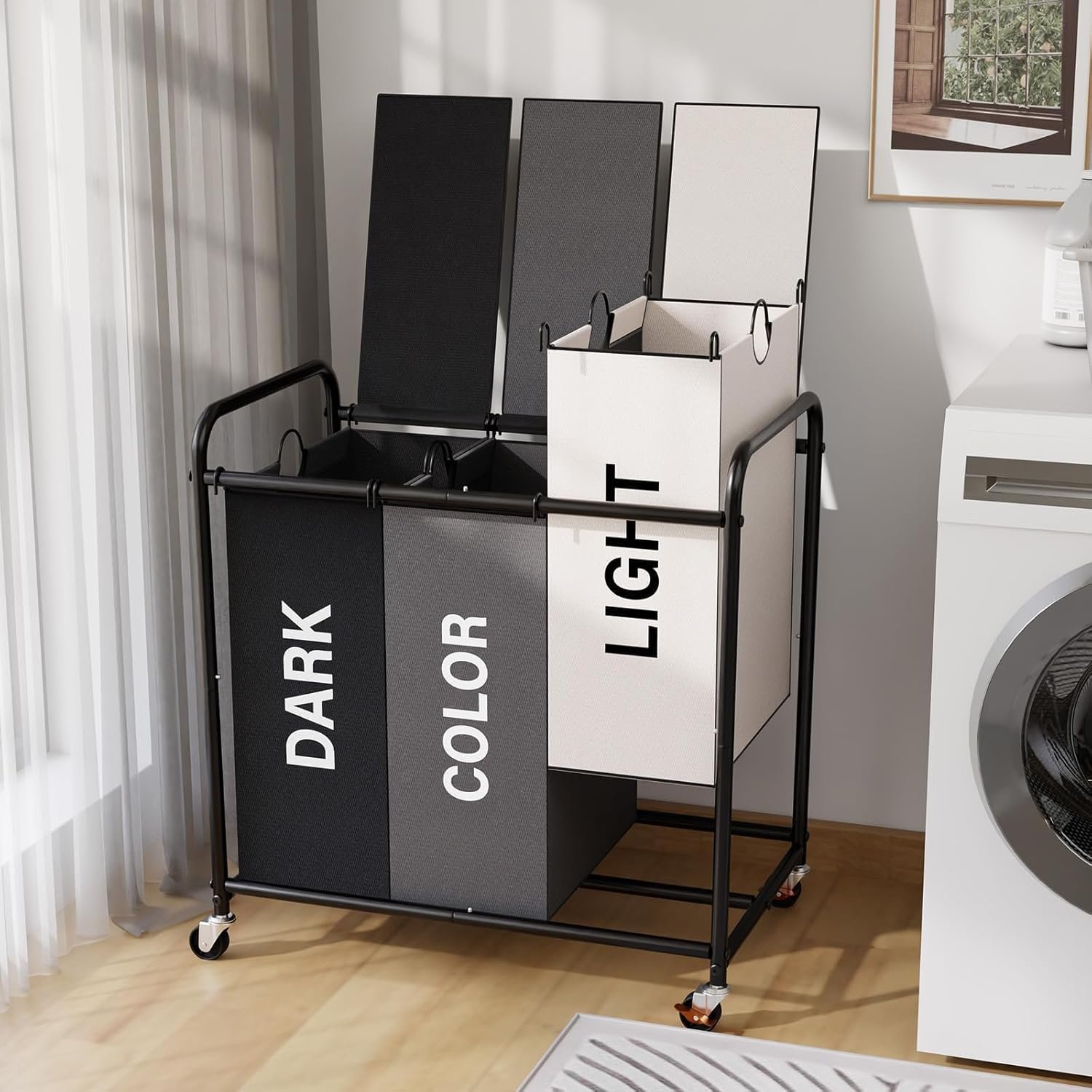 YKDIRECT 180L Laundry Hamper with Wheels and Lid, 3 Section Laundry Sorter