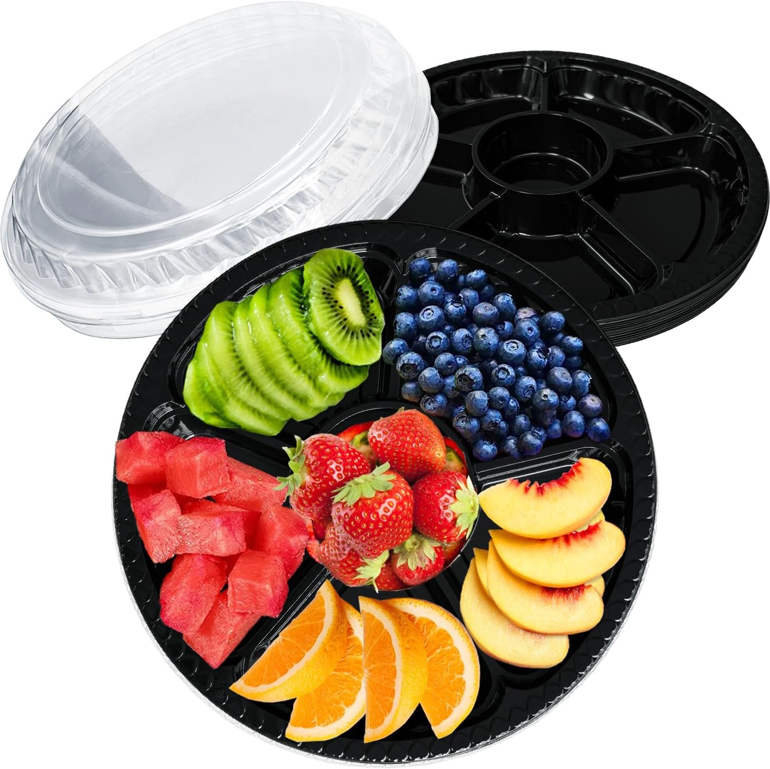 12 Pack Plastic Appetizer Trays with Lid,Disposable Clear Divided Serving Tray,6 Sectional Round Food Storage Container Platter for Party,Snack,Fruit,Vegetable