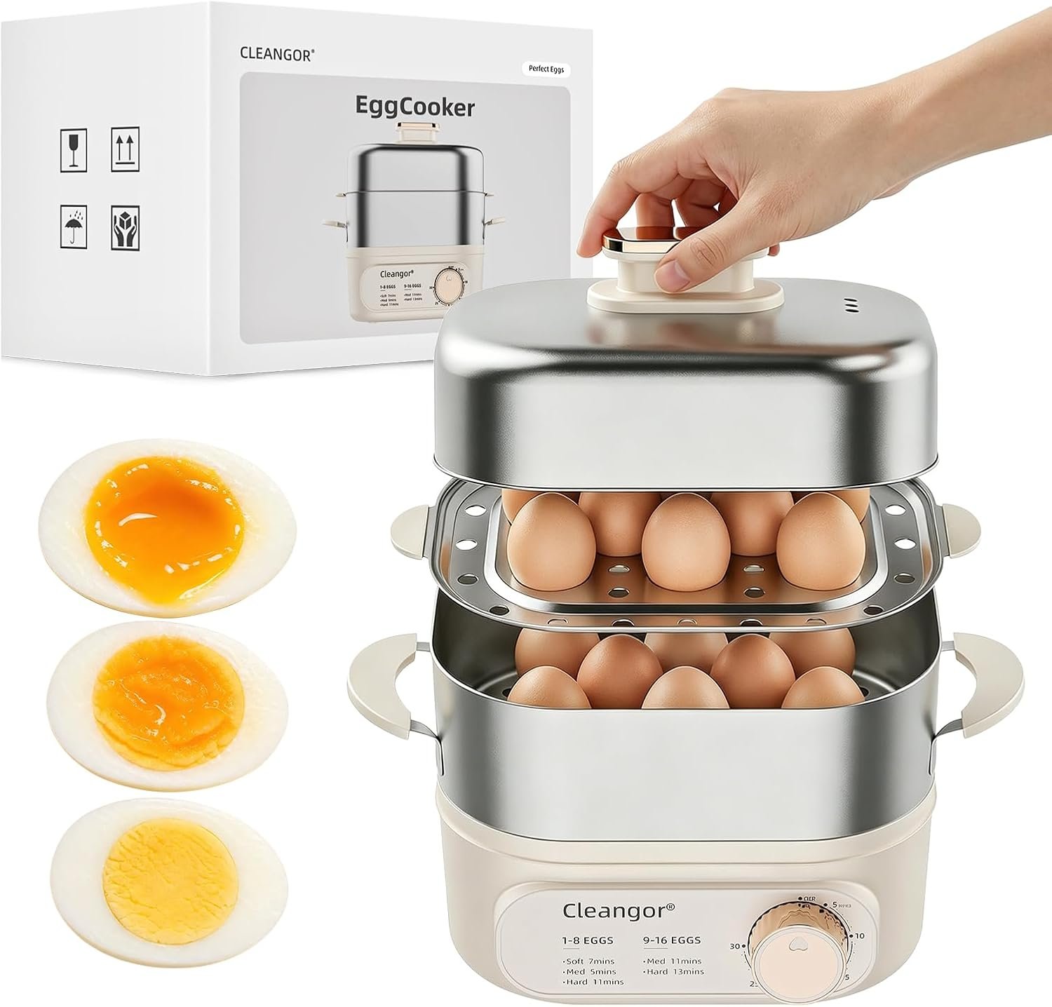 Hard Boiled Egg Steamer–16 Med / 12 Large Eggs, 304 SS + PP, Auto Shut Off