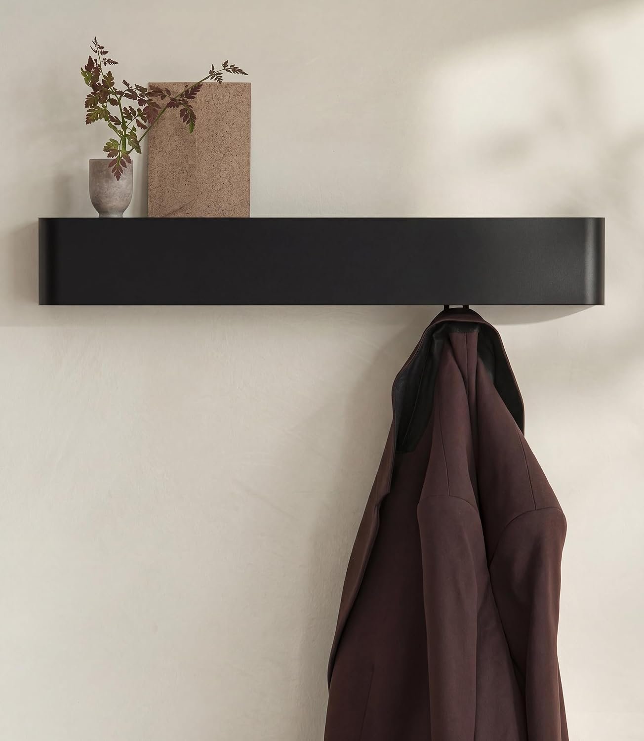 Kazai. Coat Rack Wall Mount with Shelf ‘Tone’ | Modern Design Coat Hanger with Hidden Hooks and Storage | Hat Rack with Shelf in Metal | Wall-Mounted Purse Organizer | Black