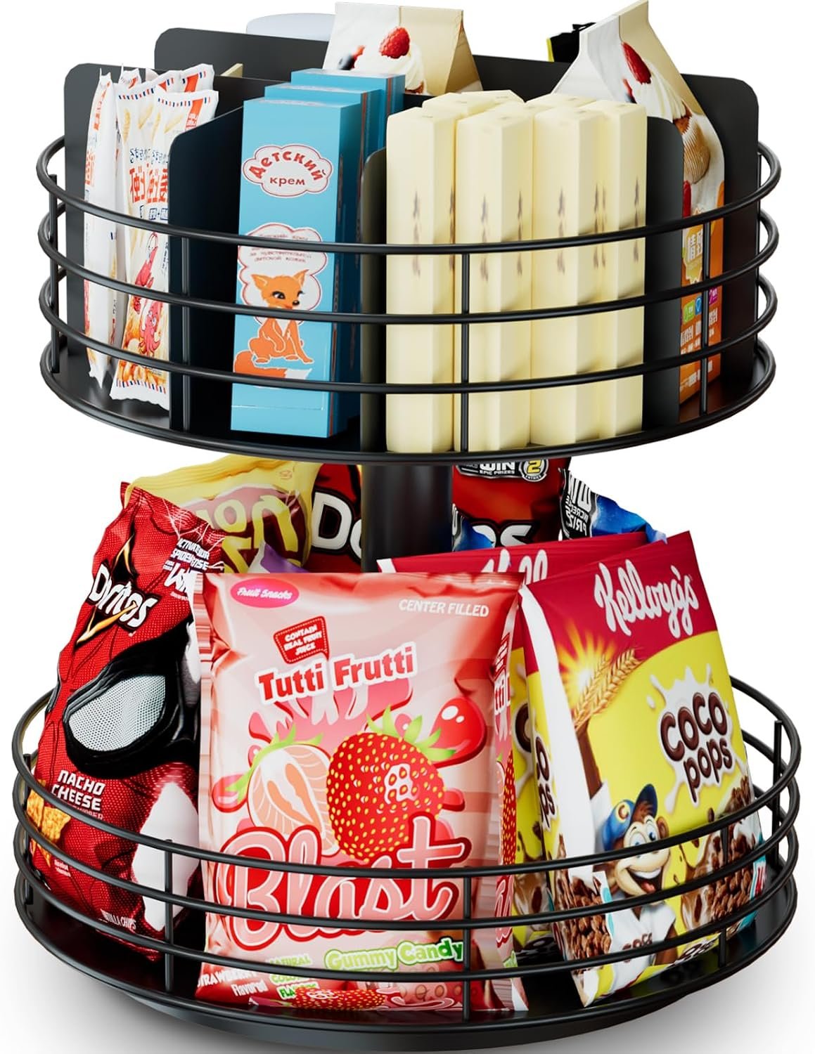 Snack Organizer – Versatile Snack Storage 2 Tier Lazy Susan with Convenient Grab-and-Go Design, Metal Snack Holder for Home, Office, Breakroom, 11.85″ L x 11.85″ W x 13.3″ H (Matte Black)