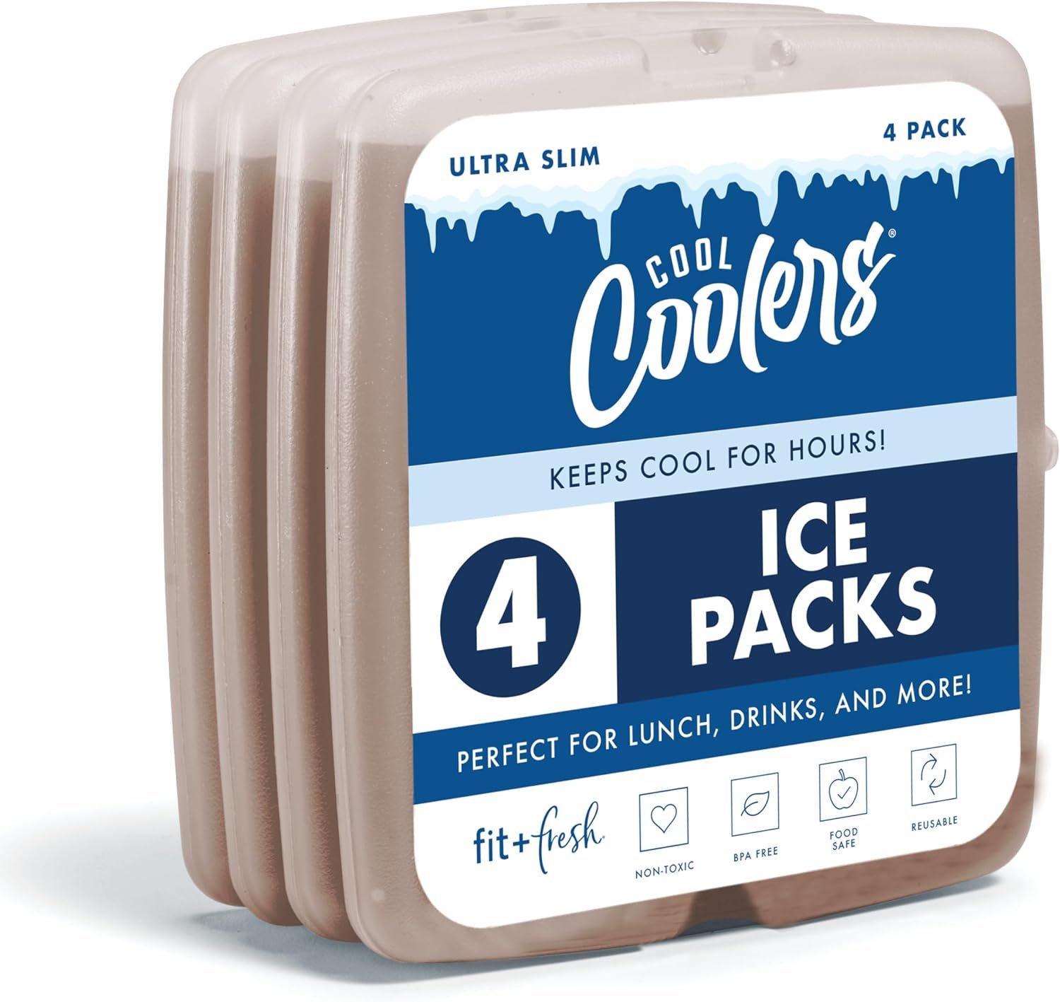 Cool Coolers by Fit & Fresh Slim Ice Packs, Quick Freeze Reusable Ice Packs for Lunch Boxes & Coolers, Long-Lasting, Space Saving Lunch Ice Packs, Blue, 4Pk