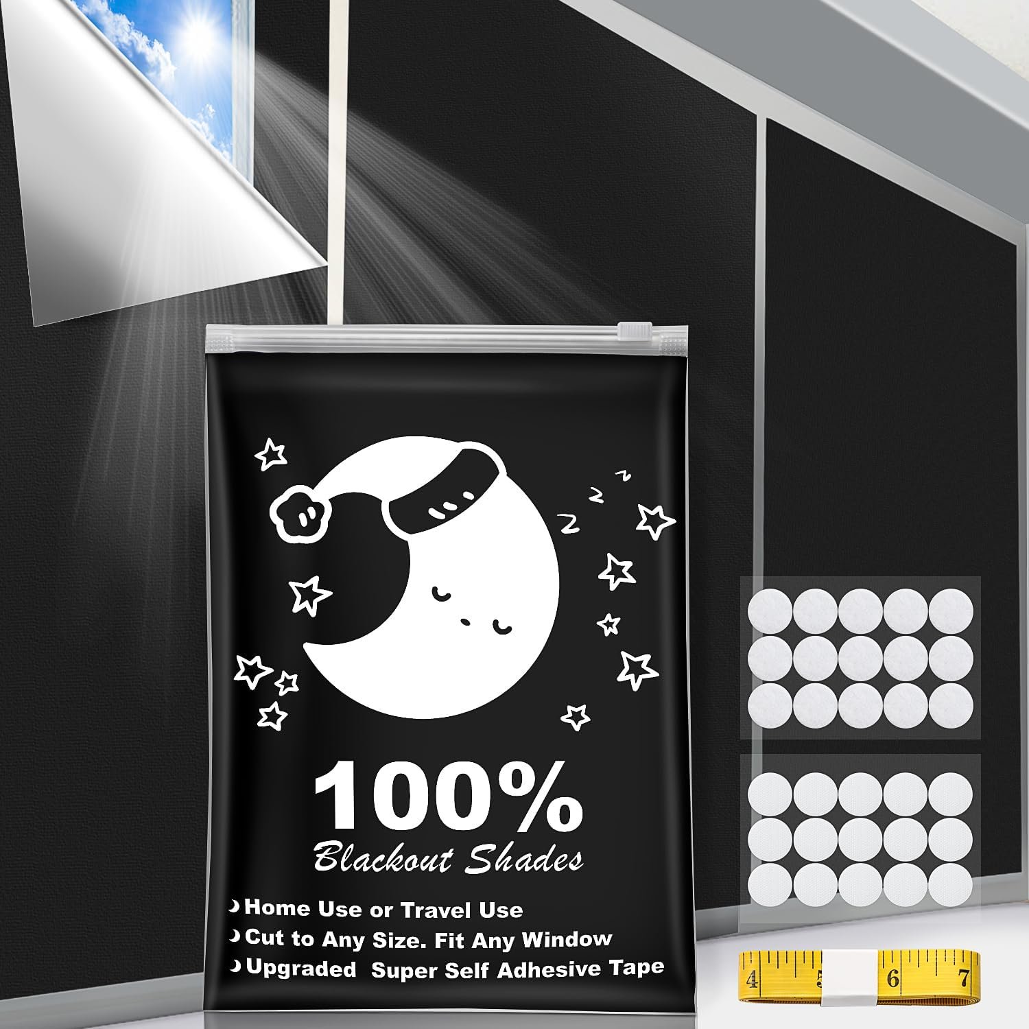 Portable Blackout Curtains, (40″ x 57″) Blackout Shades, 100% Portable Blackout Blinds for Any Window with 15 Pair Hook & Loop Tabs Stick-on, Temporary Blackout Shades for Baby/Travelers/Bedroom