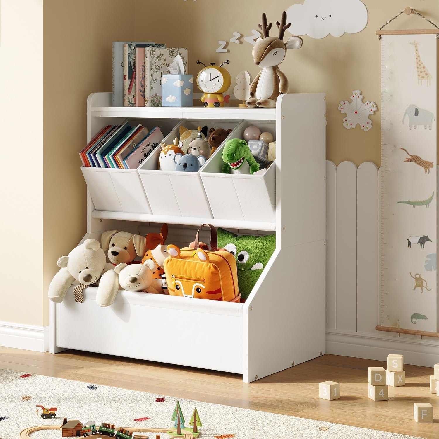 Kids Toy Storage Organizer with Wooden Display Shelf for Playroom & Nursery