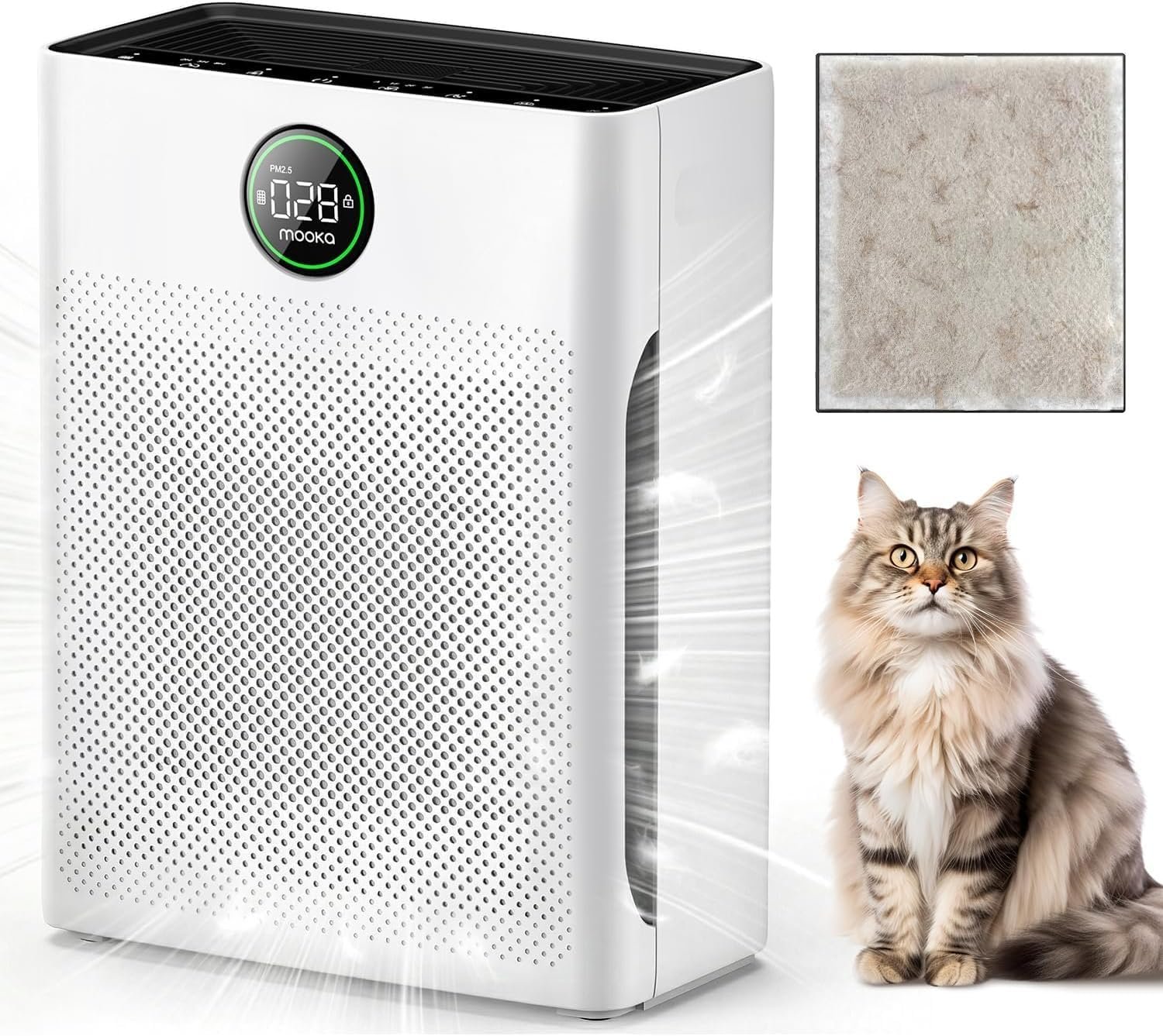 Air Purifiers for Home Large Room up to 2200sq.ft, MOOKA Air purifier for Home Pets with Washable Filter, PM 2.5 Display Air Quality Sensor Air Cleaner for Bedroom, Dorm room, Pets, Office PR1 (White)