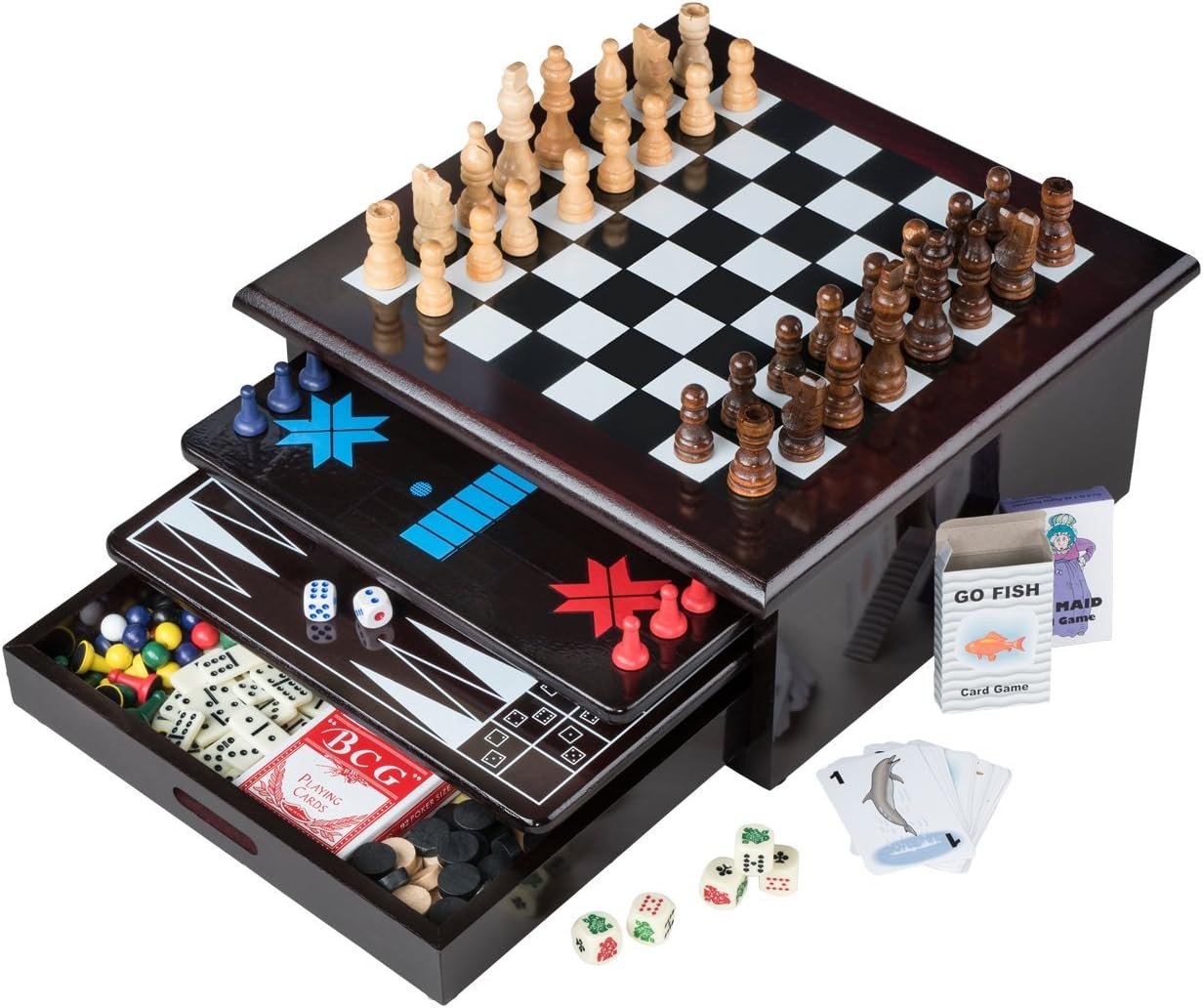 Board Game Set – Deluxe 15 in 1 Tabletop Wood-accented Game Center with Storage Drawer (Checkers, Chess, Chinese Checkers, Parcheesi, TicTacToe, SOlitaire, Snakes and Ladders, Mancala, Backgammon, Poker Dice, Playing Cards, Go Fish, Old Maid, and Dominos)
