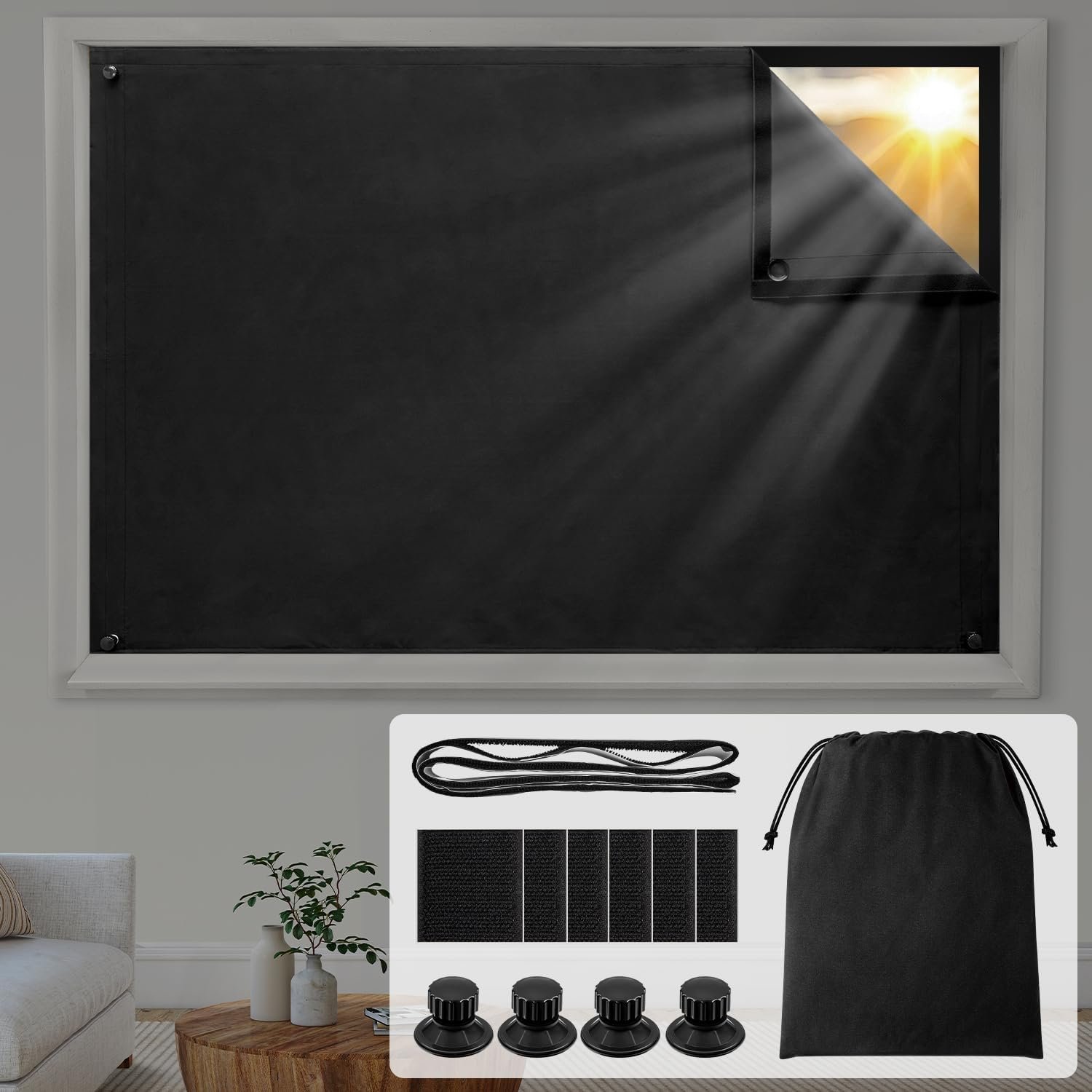 HOMEIDEAS 100% Travel Blackout Curtains, Portable No-Drill Blinds with Stickers & Suction Cups, Blackout Window Cover Light Blocking Shades for Bedroom, Baby Nursery, Dorm, RV, 50″ W × 78″ L