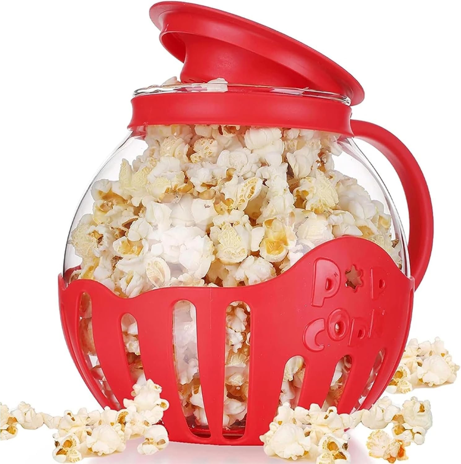 Microwave Popcorn Popper | Crafted With Borosilicate Glass | 3 in 1 Lid | Silicone Exterior & Lid Ensures Secure Grip | Microwave Popcorn Maker | 1.50 Quart | Silicone Popcorn Popper | Red