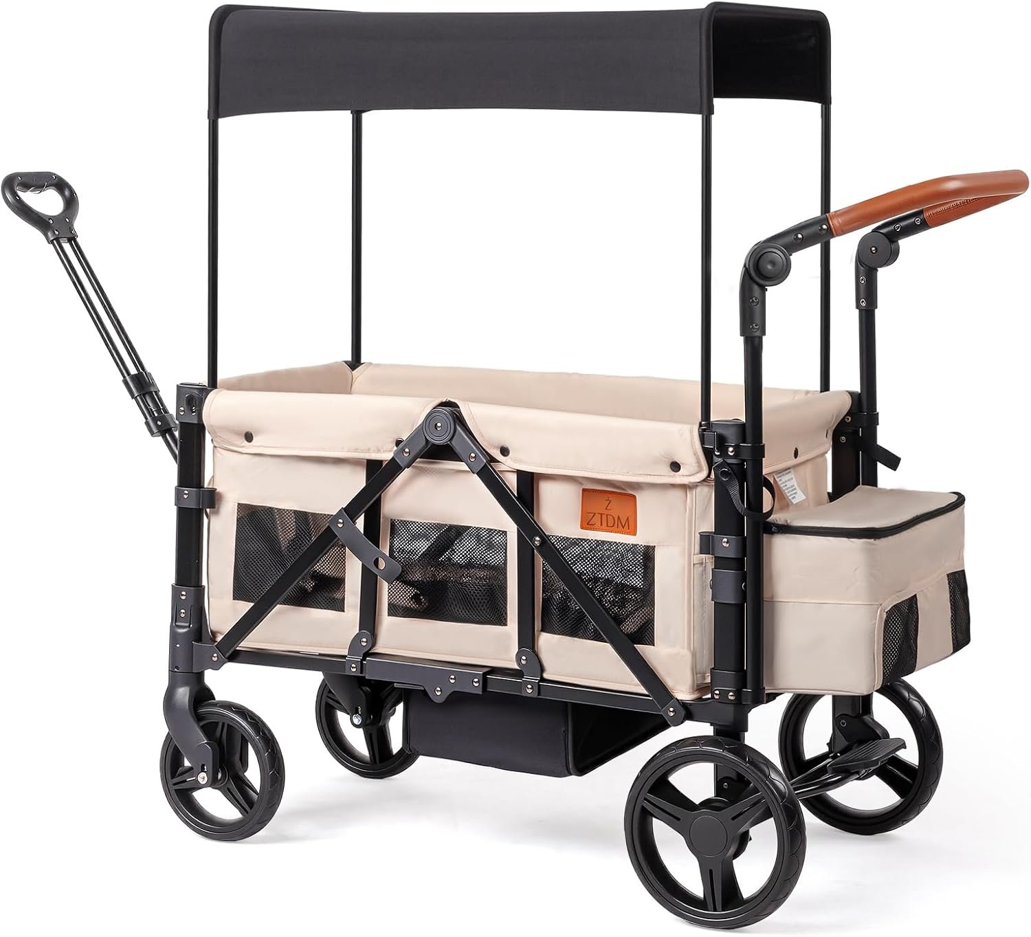 Stroller Wagon for 2 Kids with Footwell, Foldable All-Terrain Wagon Stroller with Adjustable Push/Pull Handle, Parent Organizer, 5-Point Harness, Ideal for Travel & Outdoor Adventures (Clasic Oat)