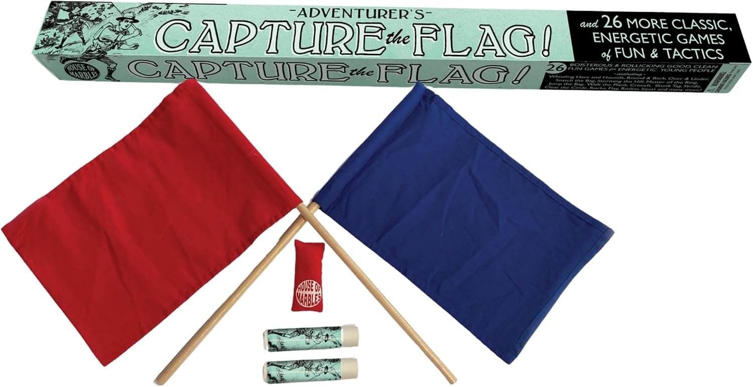 House of Marbles Capture the Flag Outdoor Game Set – 26 Classic Yard Games with 2 Cotton Flags, Wooden Poles, Bean Bag, Chalk & Instructions for Kids