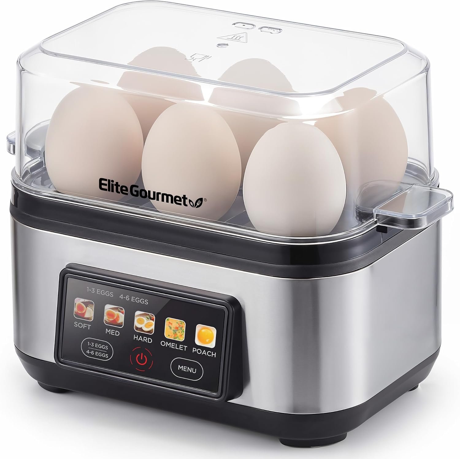 Elite Gourmet 6-Egg Digital Egg Cooker, Steel Plate, One-Touch Display