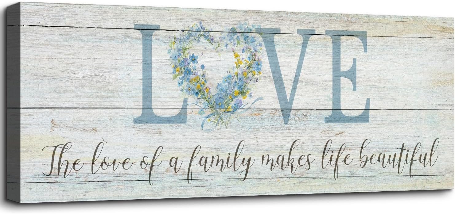The Love of a Family Makes Life Beautiful – Farmhouse Canvas Wall Art Rustic Family Decor for Living Room Bedroom Sign 6″ x 17″