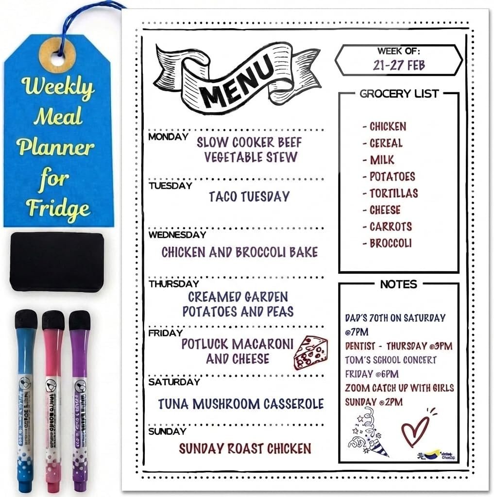 Quick Canary White Magnetic Dry Erase Weekly Menu Board for the Fridge