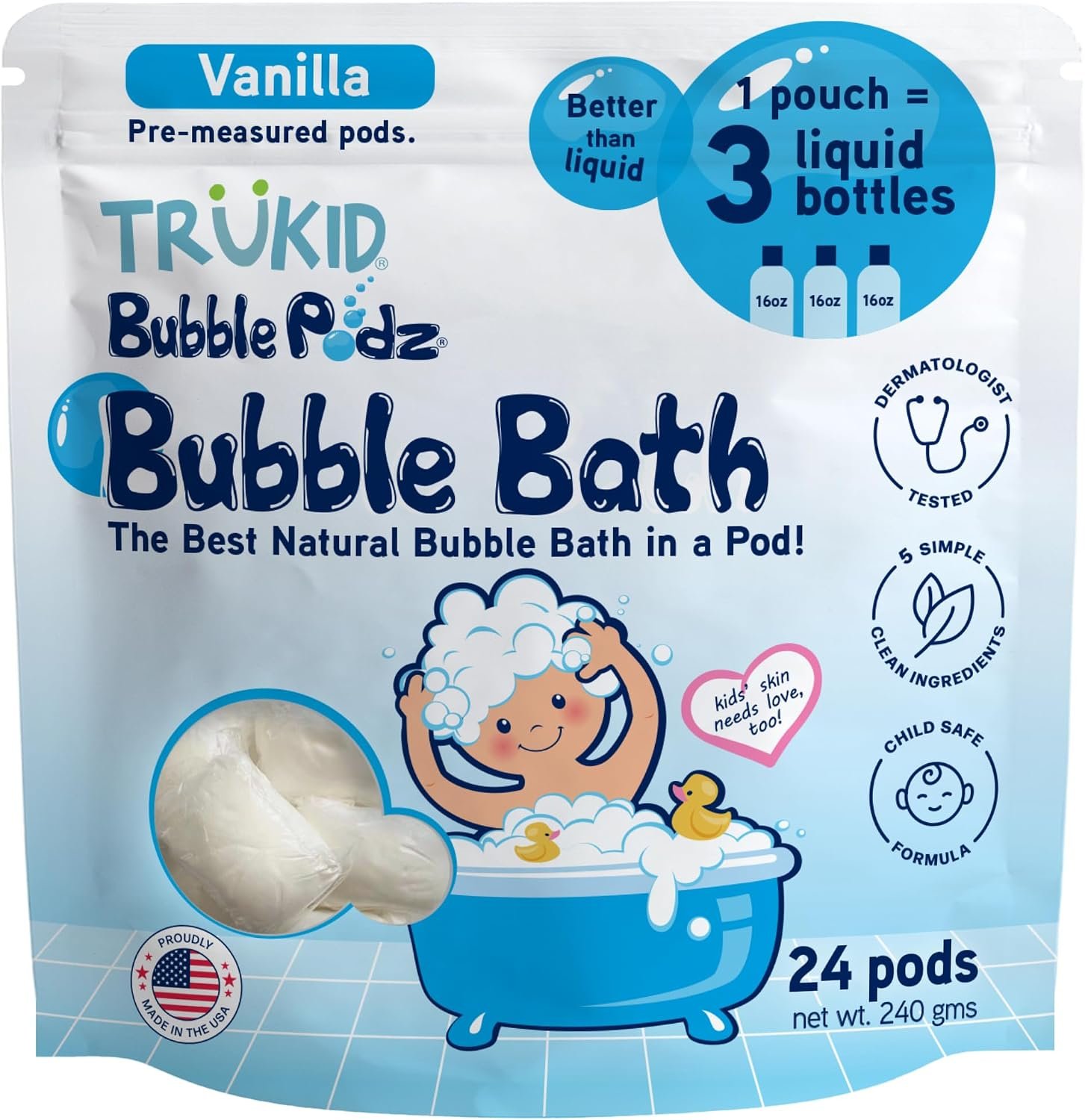 TruKid Bubble Podz Bubble Bath for Kids, Toddlers, & Babies, Tear Free Gentle & Refreshing Bath Bomb for Sensitive Skin with Natural Moisturizers, Non-Toxic, pH Balanced, Vanilla Scent (24 Podz)
