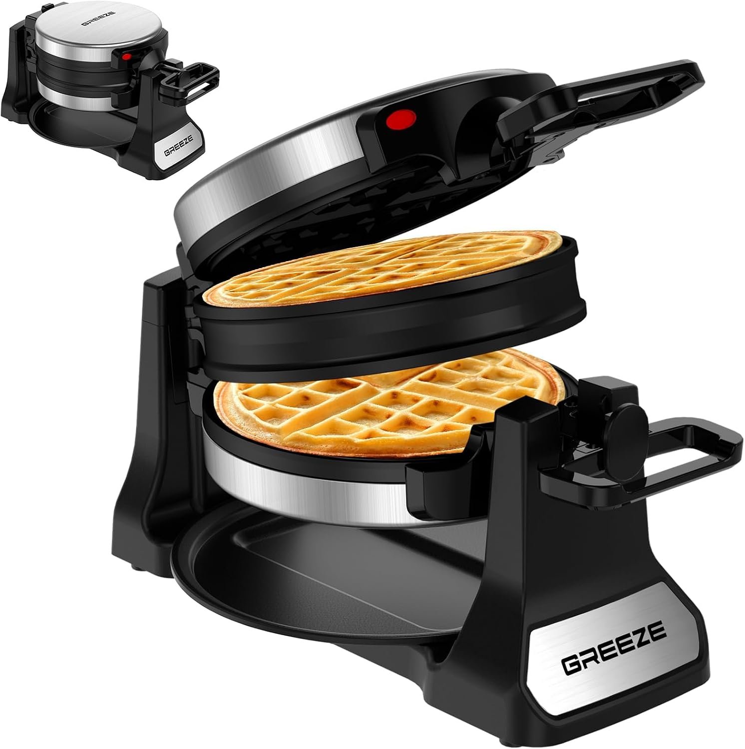 Waffle Maker, Double Belgian Waffle Maker 180°Flip, 1400W Waffle Iron 8 Slices, Rotating & Nonstick Plates with Removable Drip Tray for Easy Clean, Stainless Steel, Locking Buckle & Cool Touch Handle