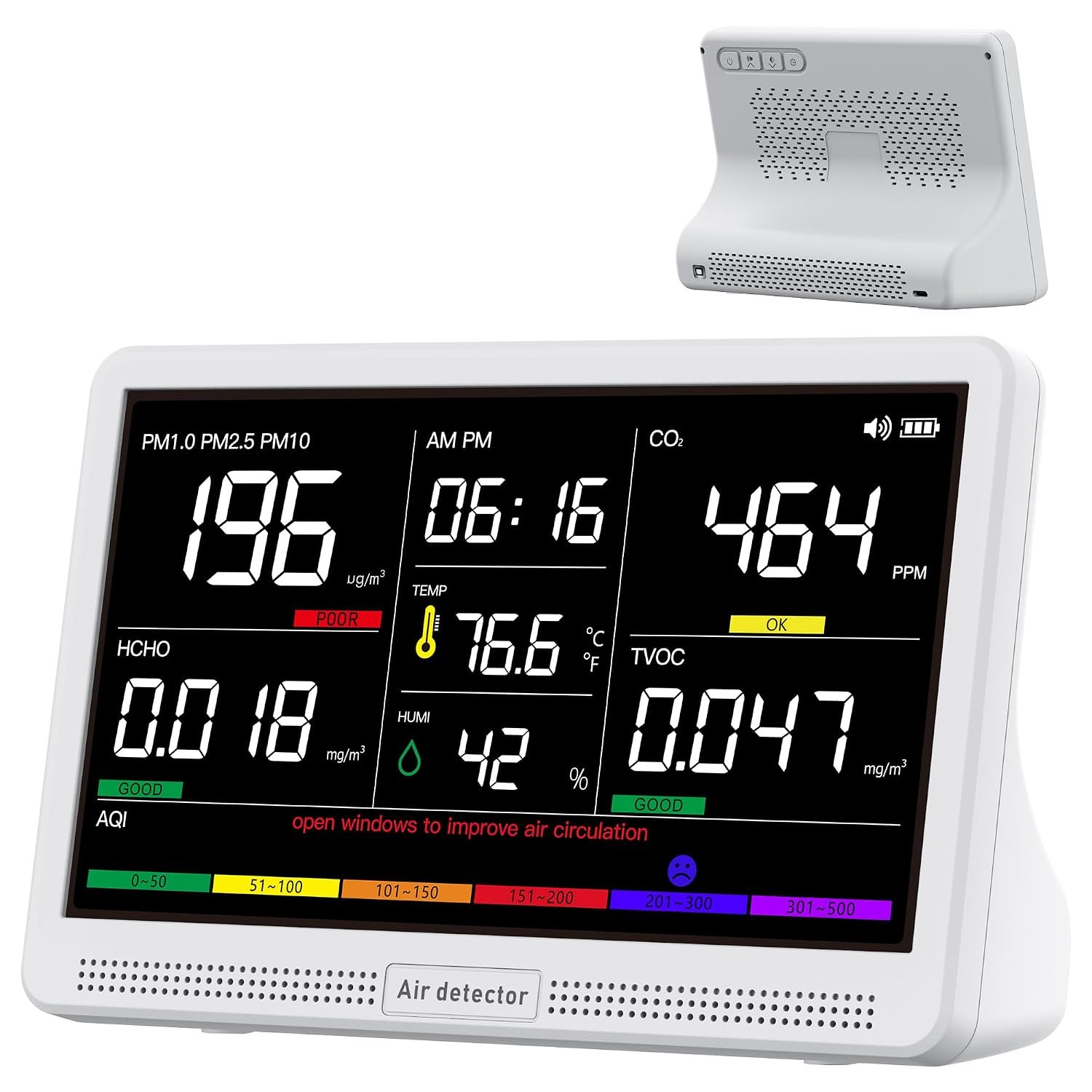 bonoch 16 in 1 Air Quality Monitor Indoor 7″ Display Real-Time CO2 Monitor
