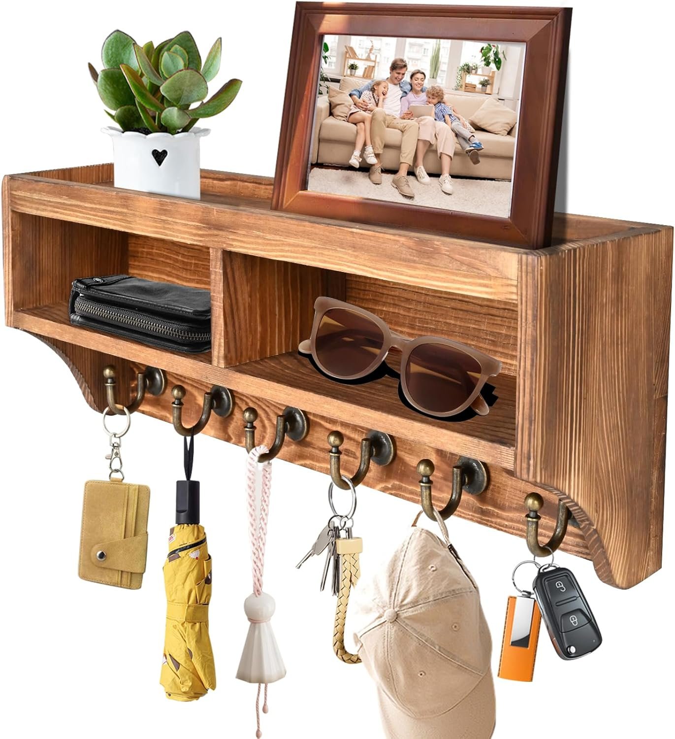 Key Holder Wall Mount with Mail Organizer, 6 Hooks & Shelf, Brown
