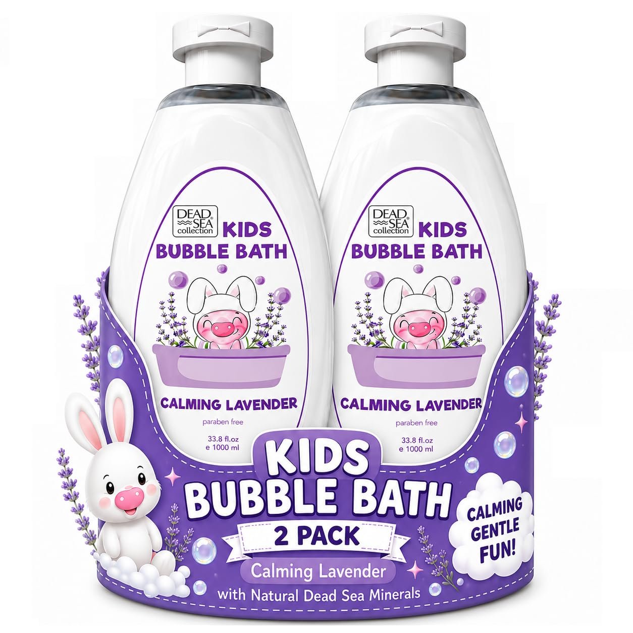 Dead Sea Collection Bubble Bath Kids with Lavender – Cleansing and Moisturizing Liquid Bath Bubbles – Lavender Oil and Pure Dead Sea Minerals – Pack of 2 Large Bottles (67.6 fl.oz)