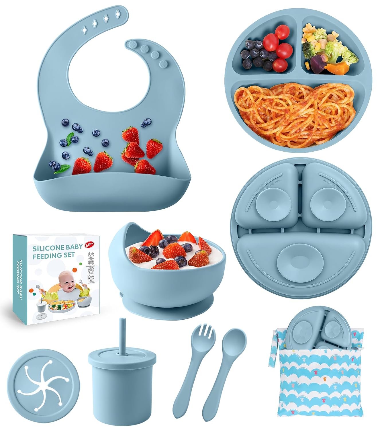 Silicone Baby Feeding Set, Baby Led Weaning Supplies Includes Suction Bowl and Divided Plate, Adjustable Bib, Soft Spoons and Forks, Cup, Travel Bag， BPA-Free, 6 month+ (Blue)