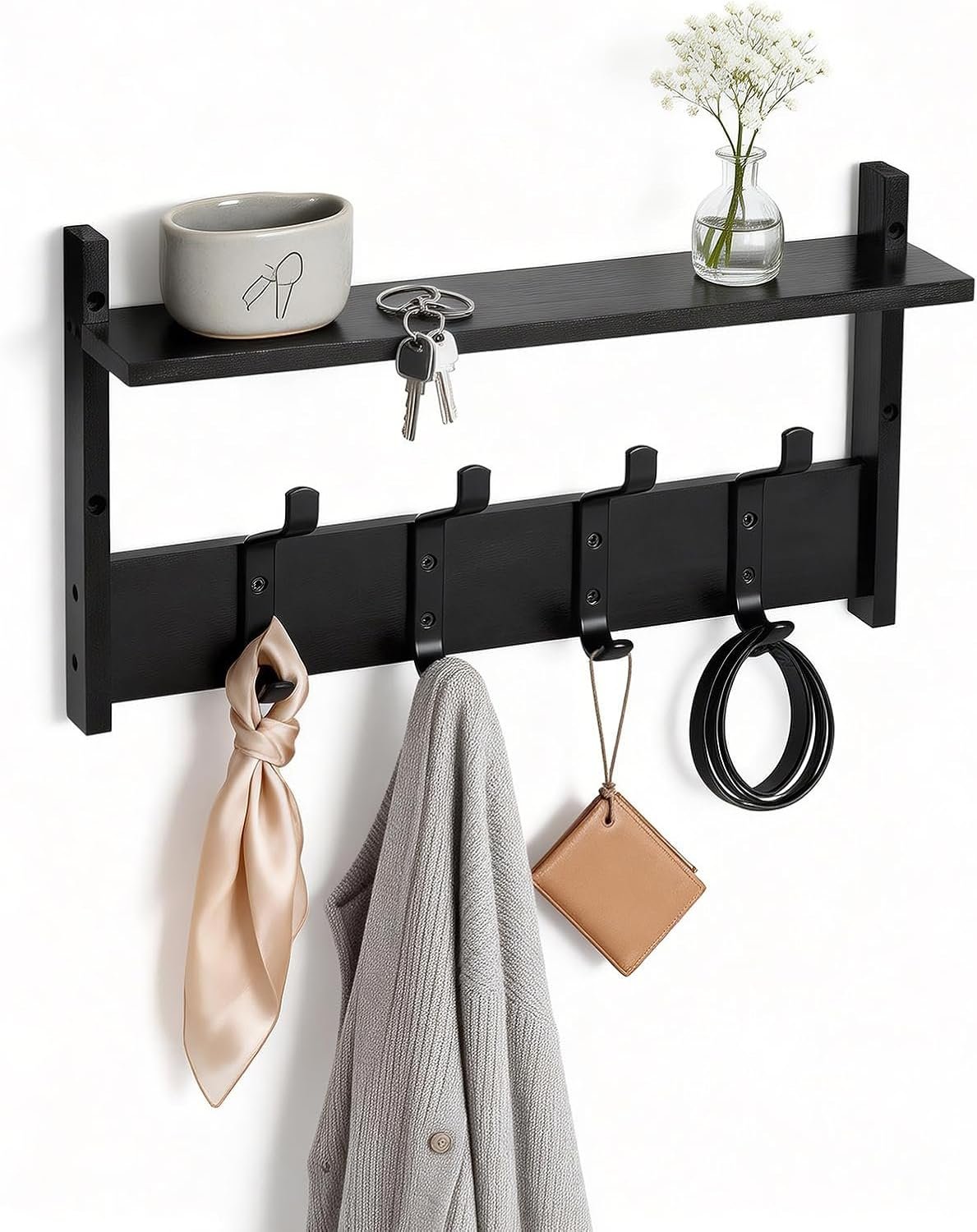PEKER Coat Rack Wall Mount with Shelf, Solid Wood Entryway Organizer with 4 Metal Hooks, Wall-Mounted Organizer for Entryway, Bathroom, Bedroom & Kitchen, Hanging Rack for Coats, Hats, Bags & Towels