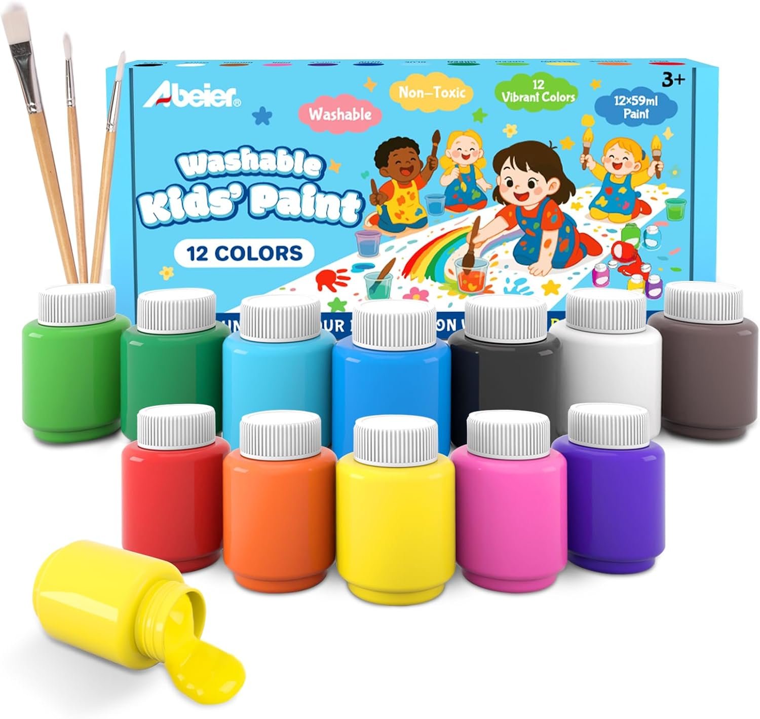 ABEIER Washable Kids Paint, 12 x 2 oz Non-Toxic Finger Paint with Brushes