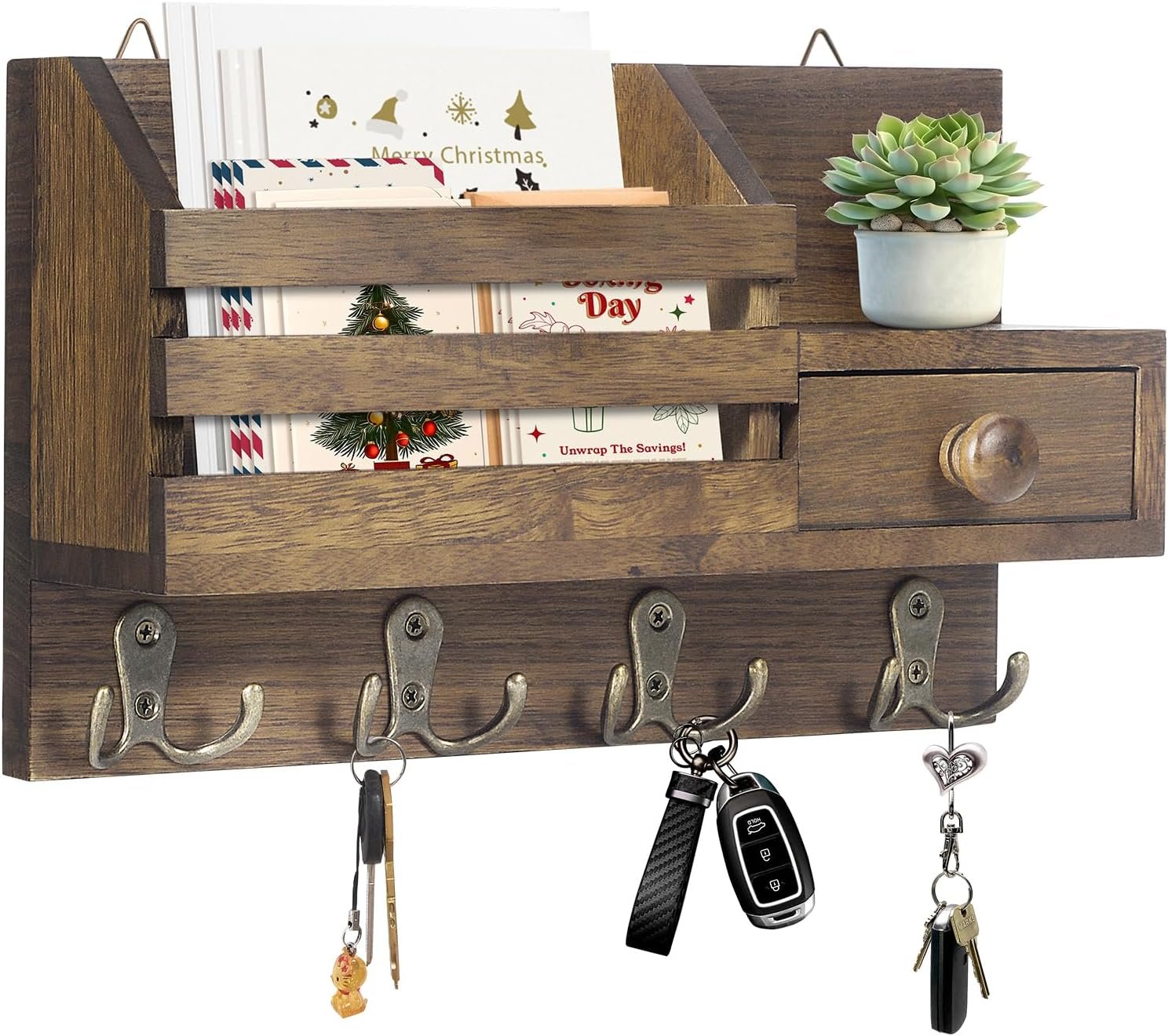 Key Holder Wall Mount, Wooden Key and Mail Organizer, Brown